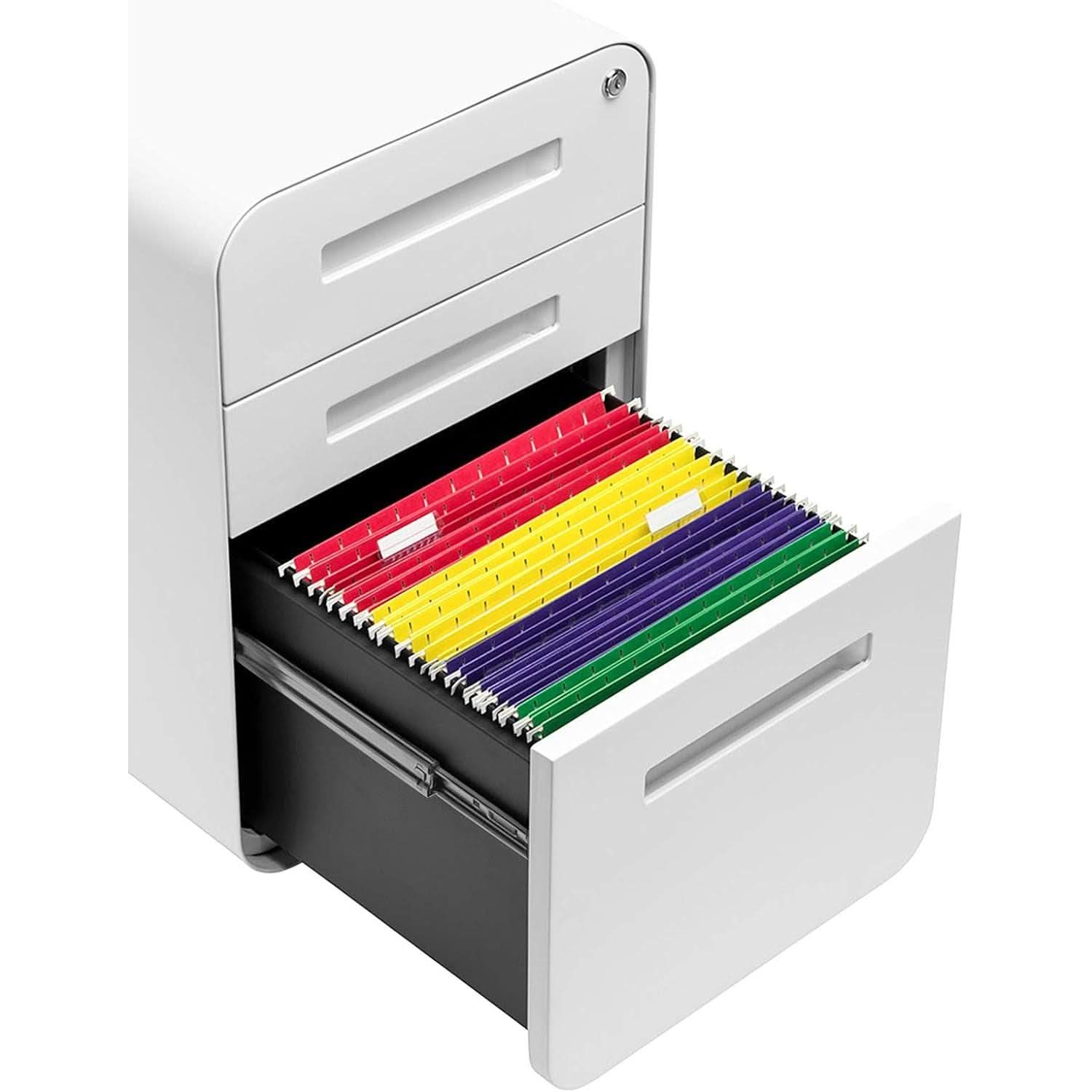 White Filing Cabinet With Lock And Wheels For Office