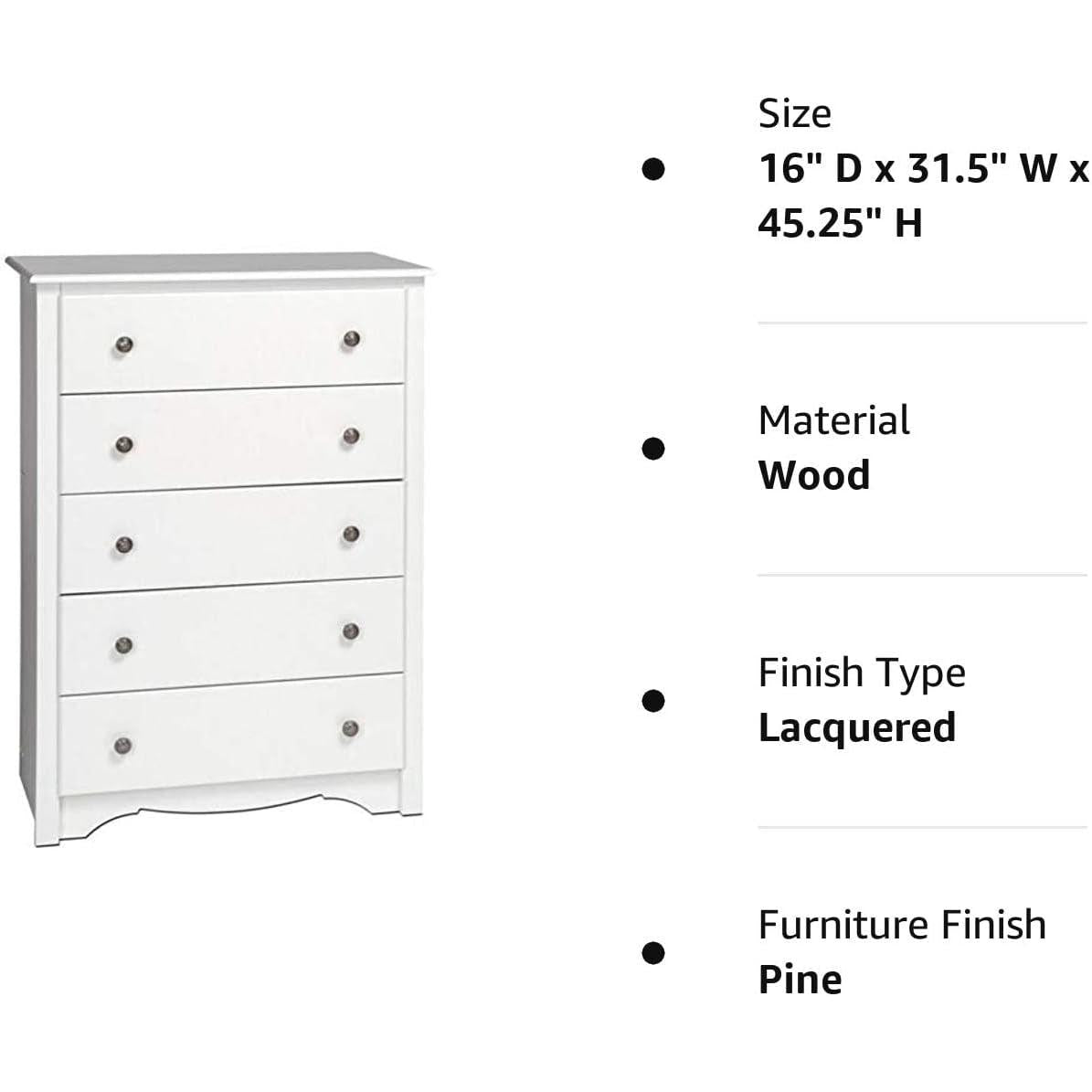 White Five Drawer Bedroom Dresser Chest Modern Storage