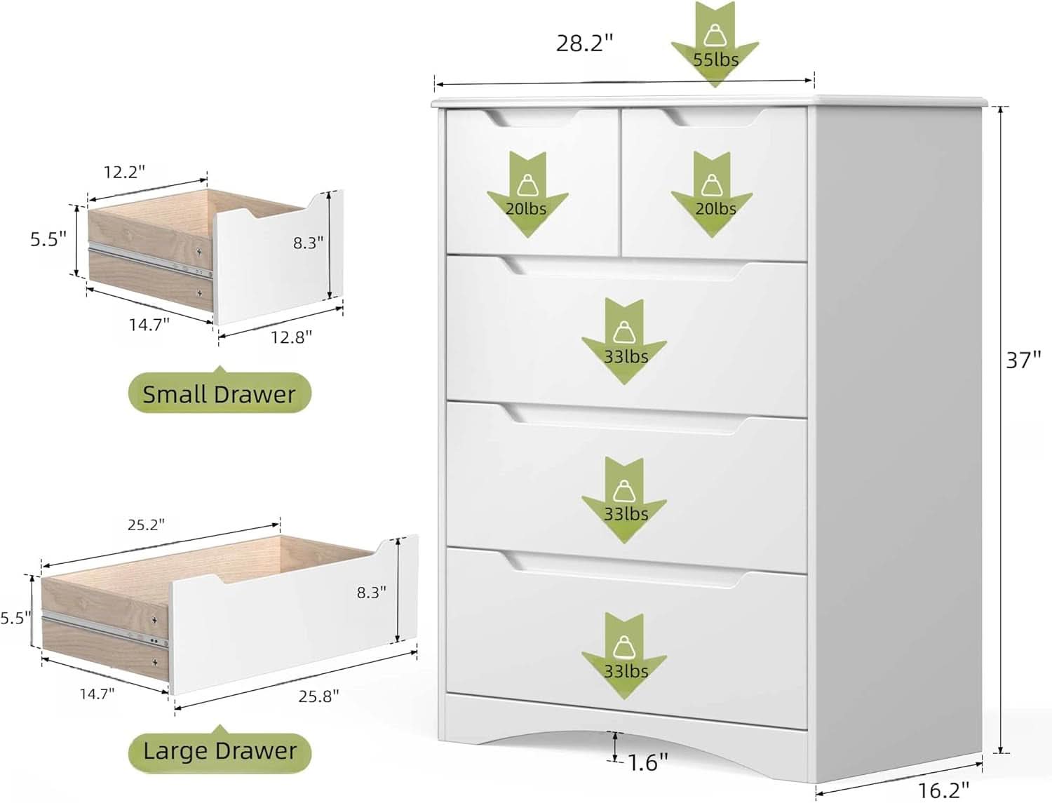 White Five Drawer Dresser With Premium StorageSpace