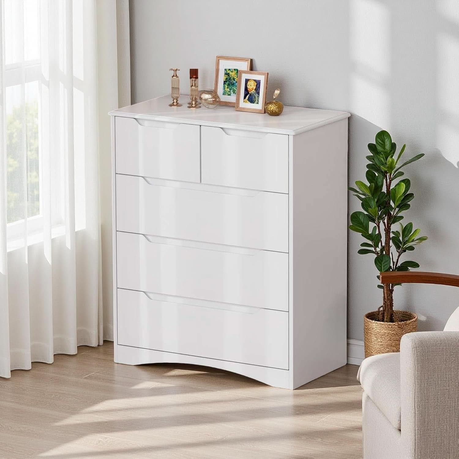White Five Drawer Dresser With Premium StorageSpace