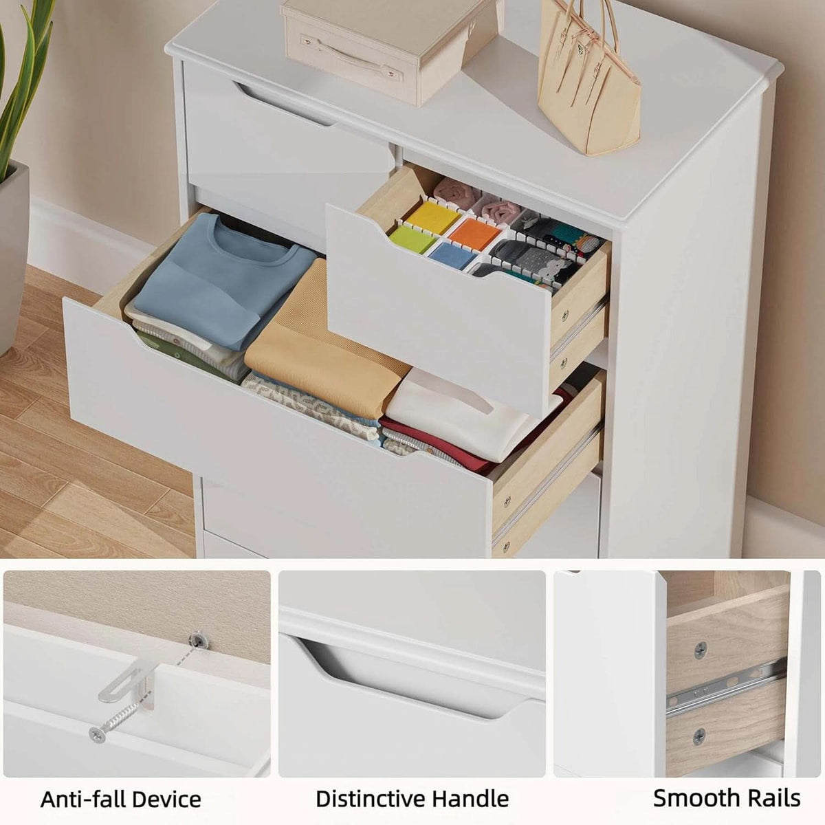 White Five Drawer Dresser With Premium StorageSpace