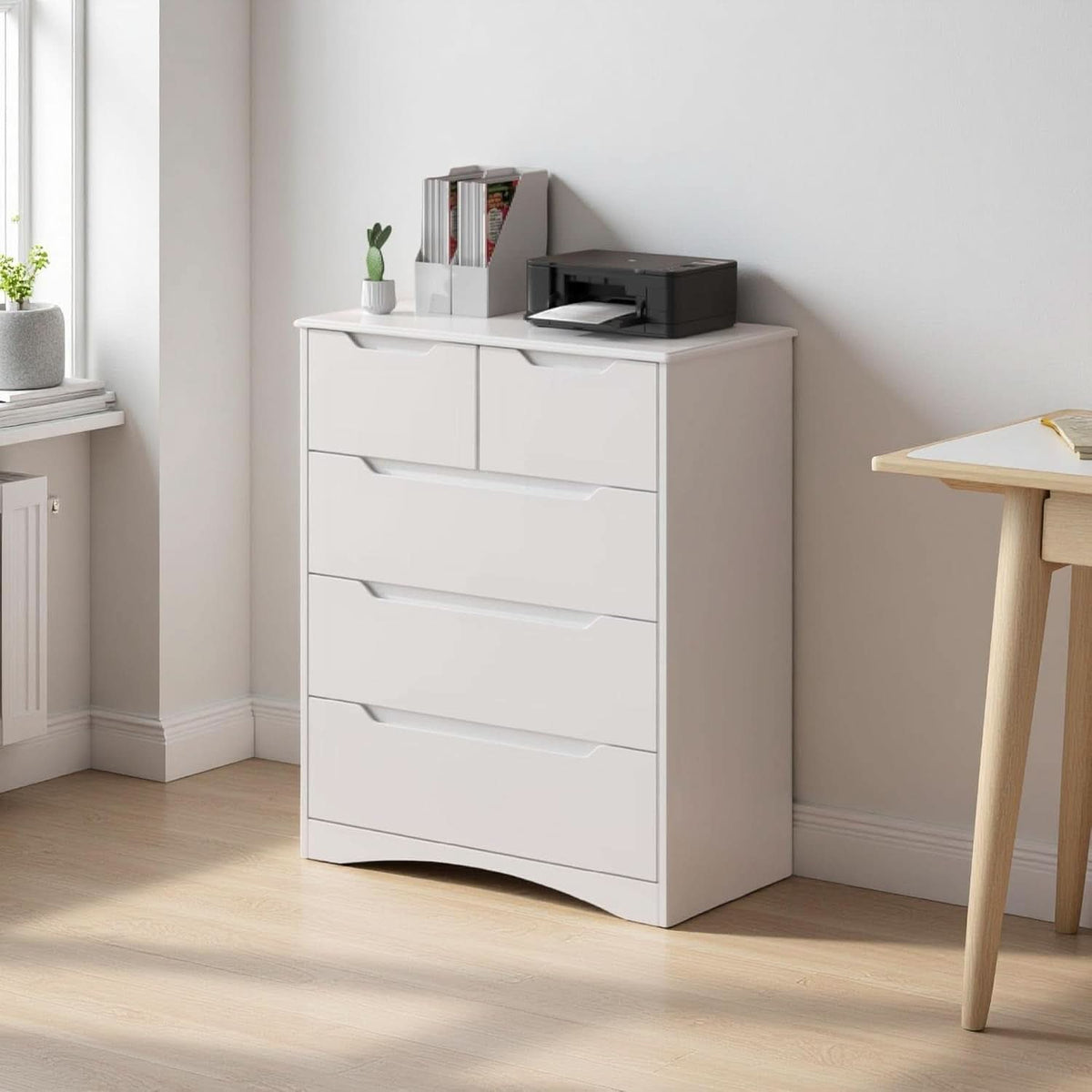 White Five Drawer Dresser With Premium StorageSpace