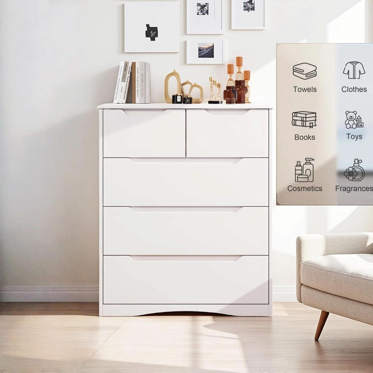 White Five Drawer Dresser With Premium StorageSpace