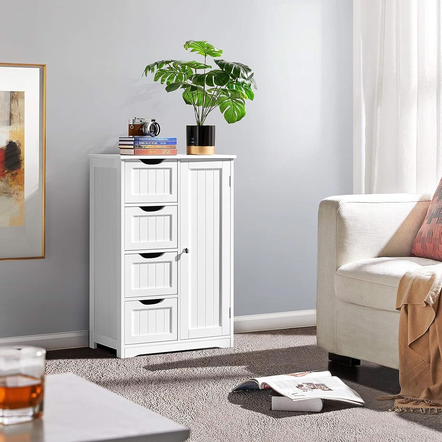 White Floor Cabinet With Four Drawers For Entryway Use