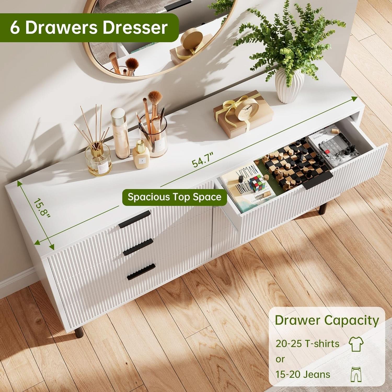 White Fluted Contemporary Dresser With Stainless Legs