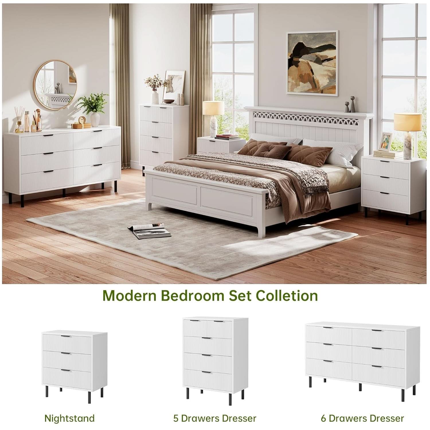 White Fluted Contemporary Dresser With Stainless Legs