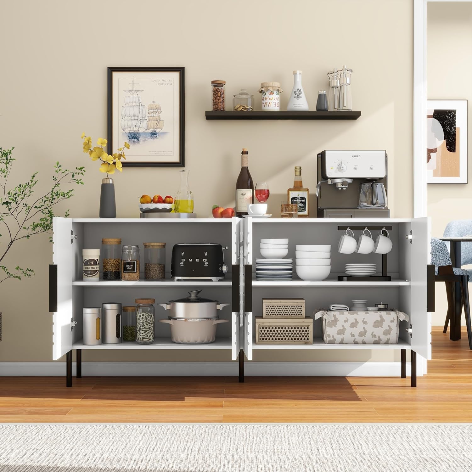 White Fluted Sideboard Buffet Cabinet With Storage