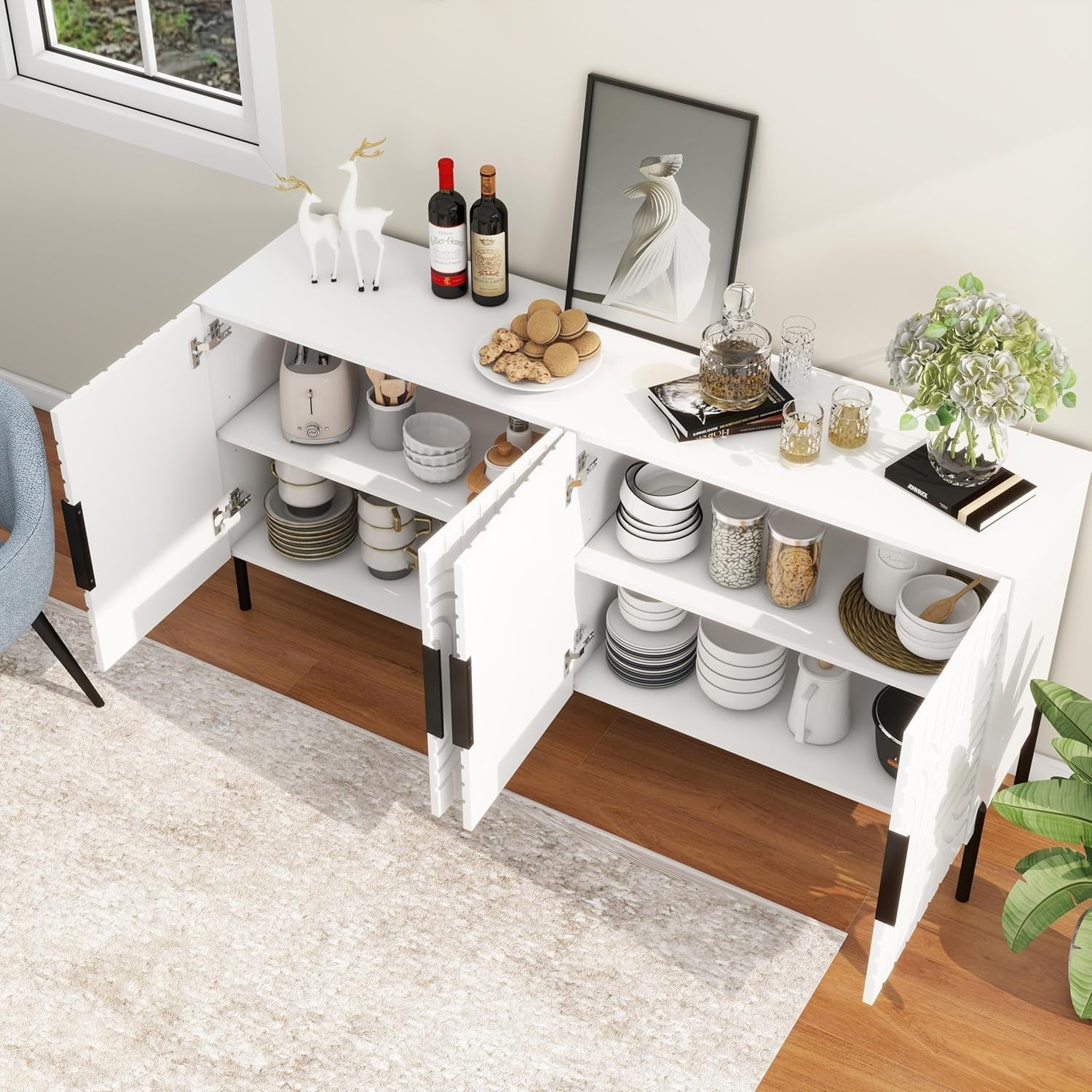 White Fluted Sideboard Buffet Cabinet With Storage