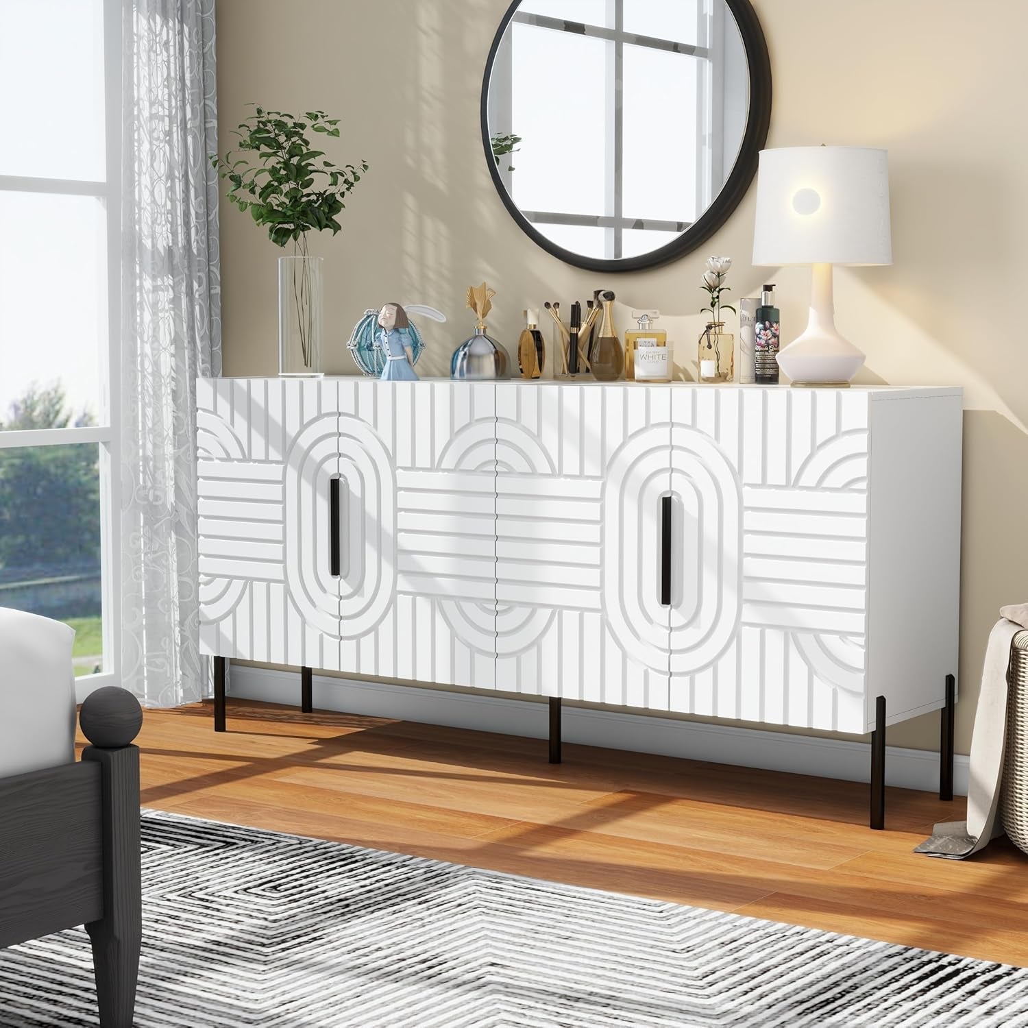 White Fluted Sideboard Buffet Cabinet With Storage