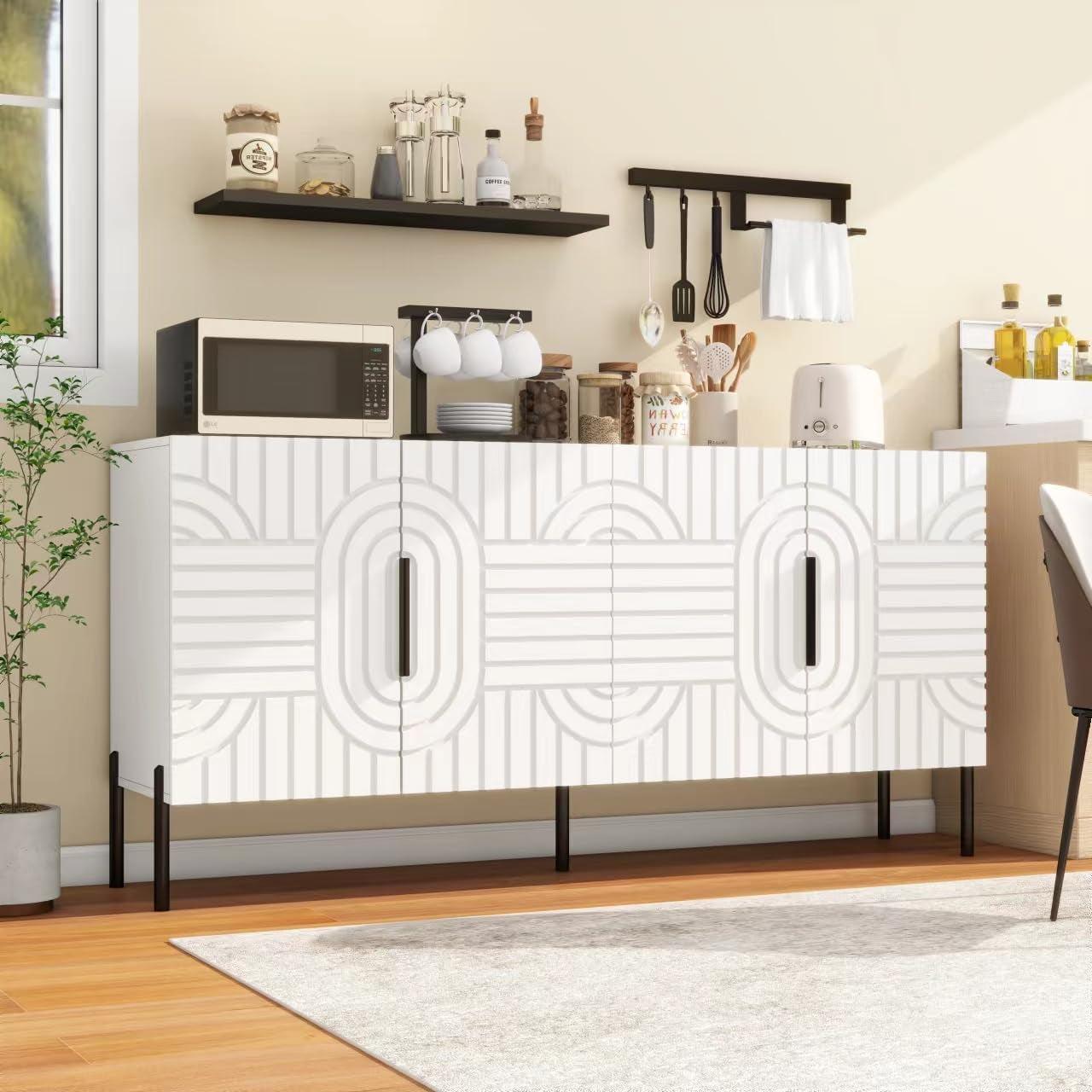 White Fluted Sideboard Buffet Cabinet With Storage