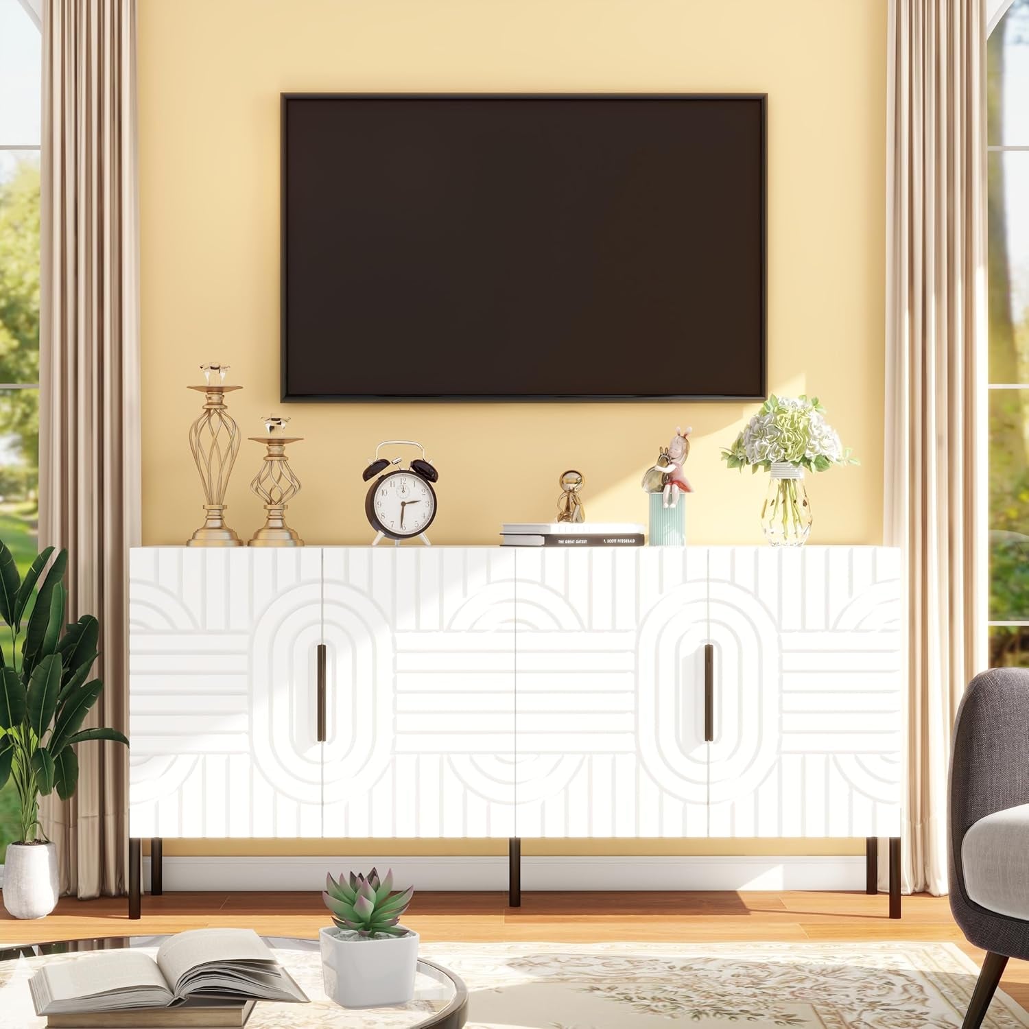 White Fluted Sideboard Buffet Cabinet With Storage