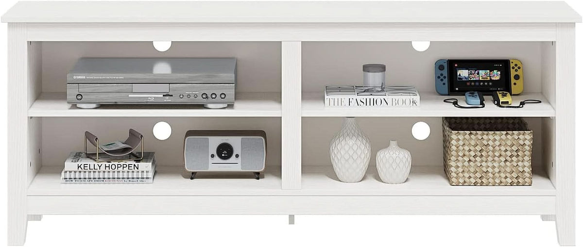 White Four Cubby TV Stand For 60 Inch TV With Open Storage