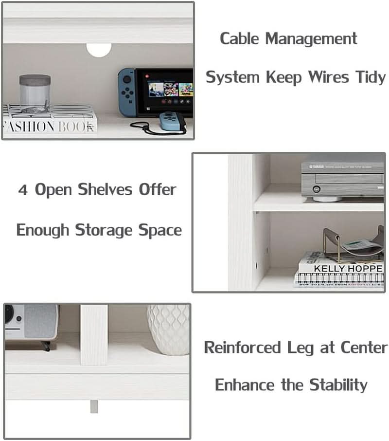 White Four Cubby TV Stand For 60 Inch TV With Open Storage