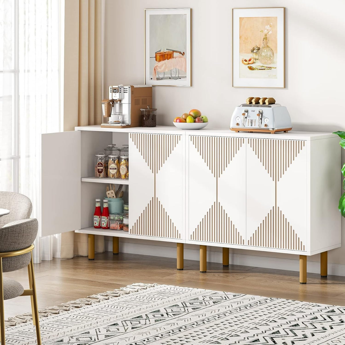 White Four Door Sideboard Cabinet For Dining Room Storage