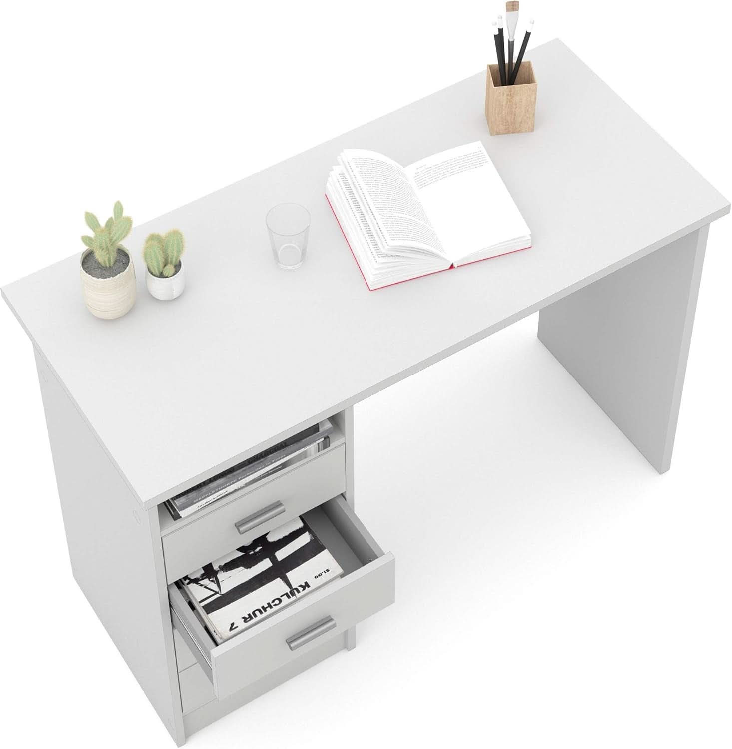 White Four Drawer Desk With Storage For Home Office