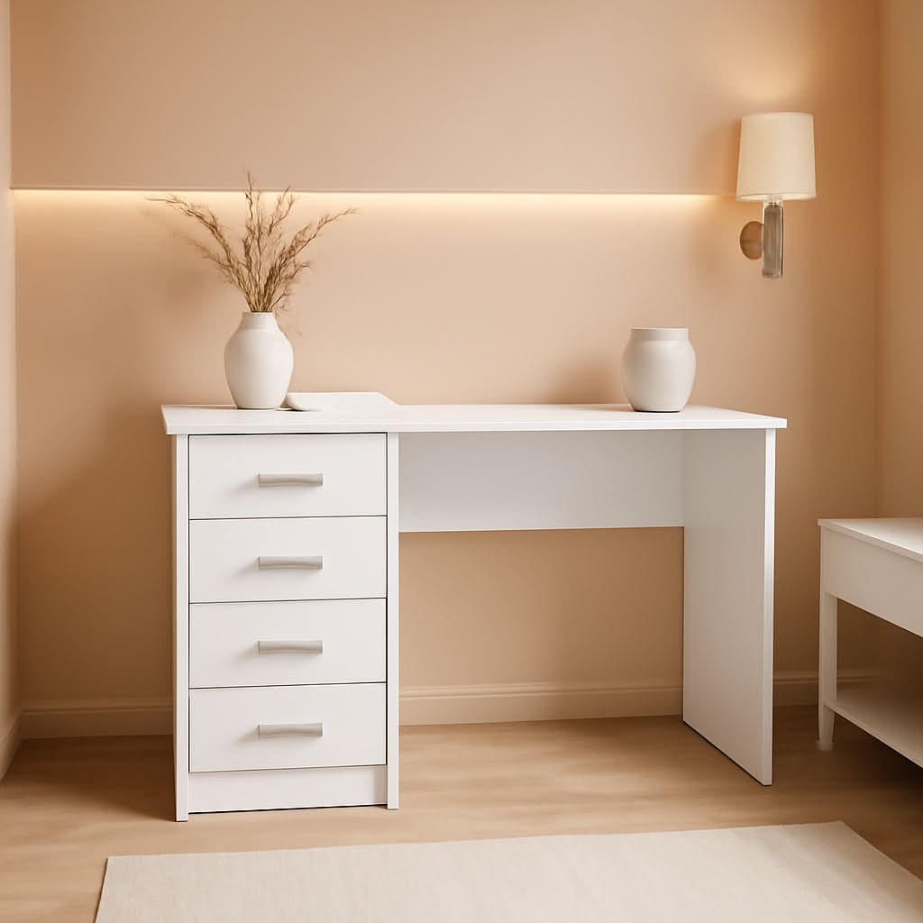 White Four Drawer Desk With Storage For Home Office