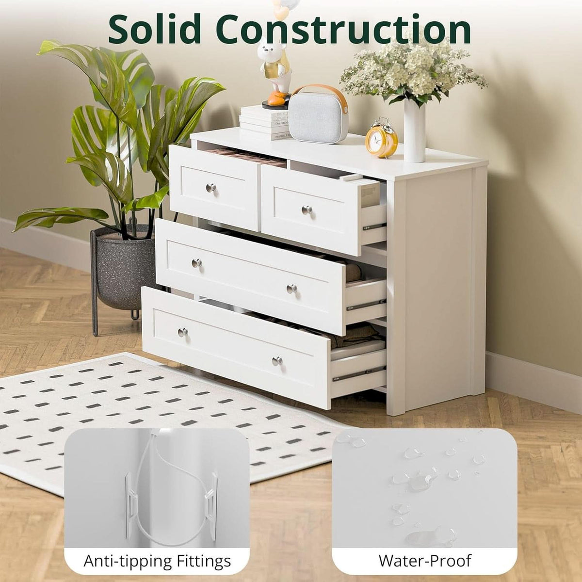 White Four Drawer Dresser With Contemporary Finish