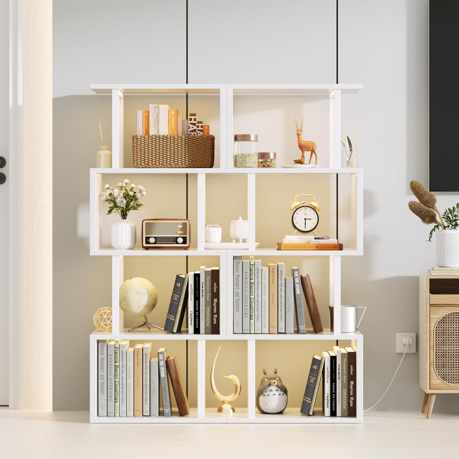 White Geometric Bookshelf With LED Light 5 Tier S Shaped Bookcase