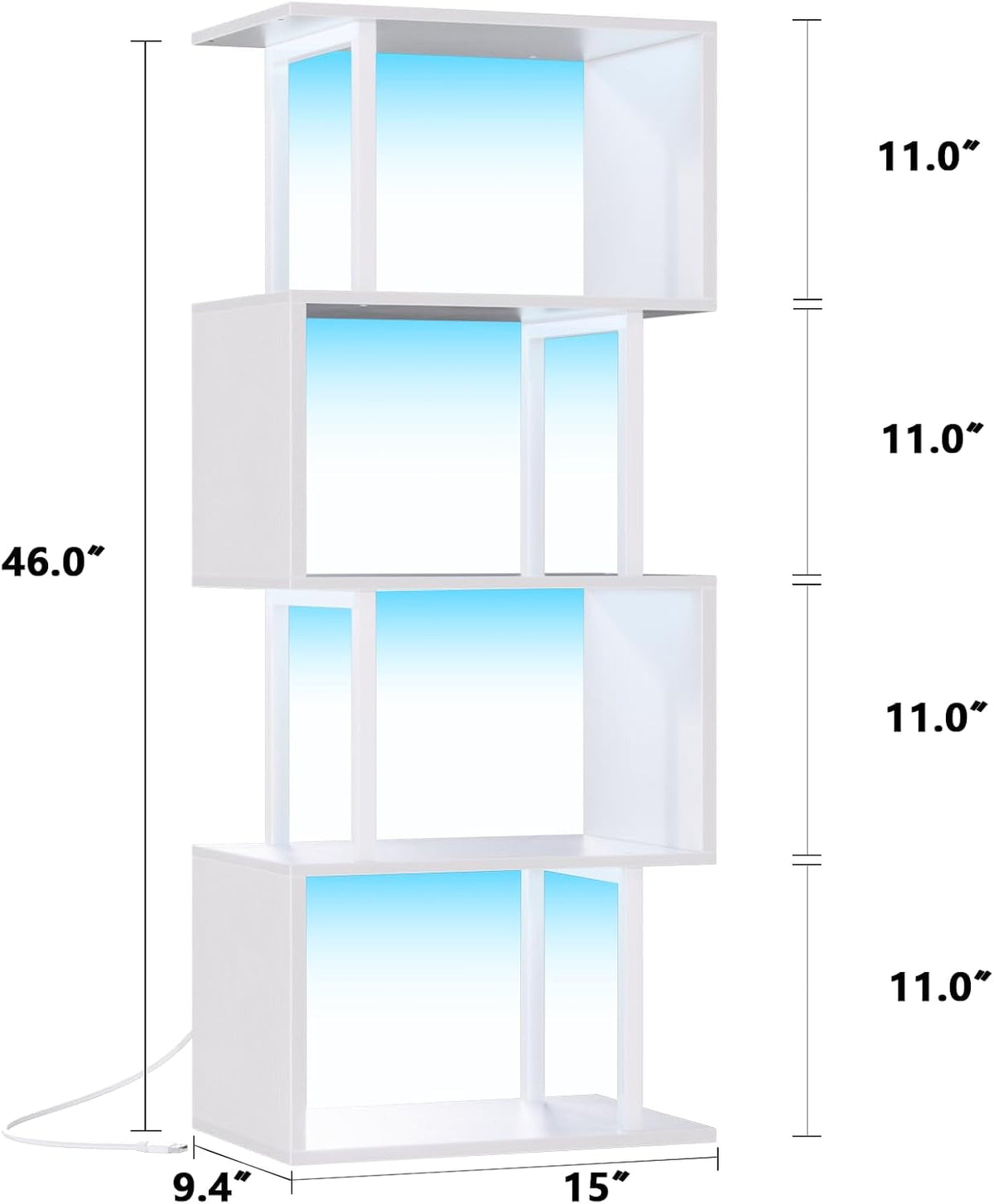 White Geometric Bookshelf With LED Light 5 Tier S Shaped Bookcase