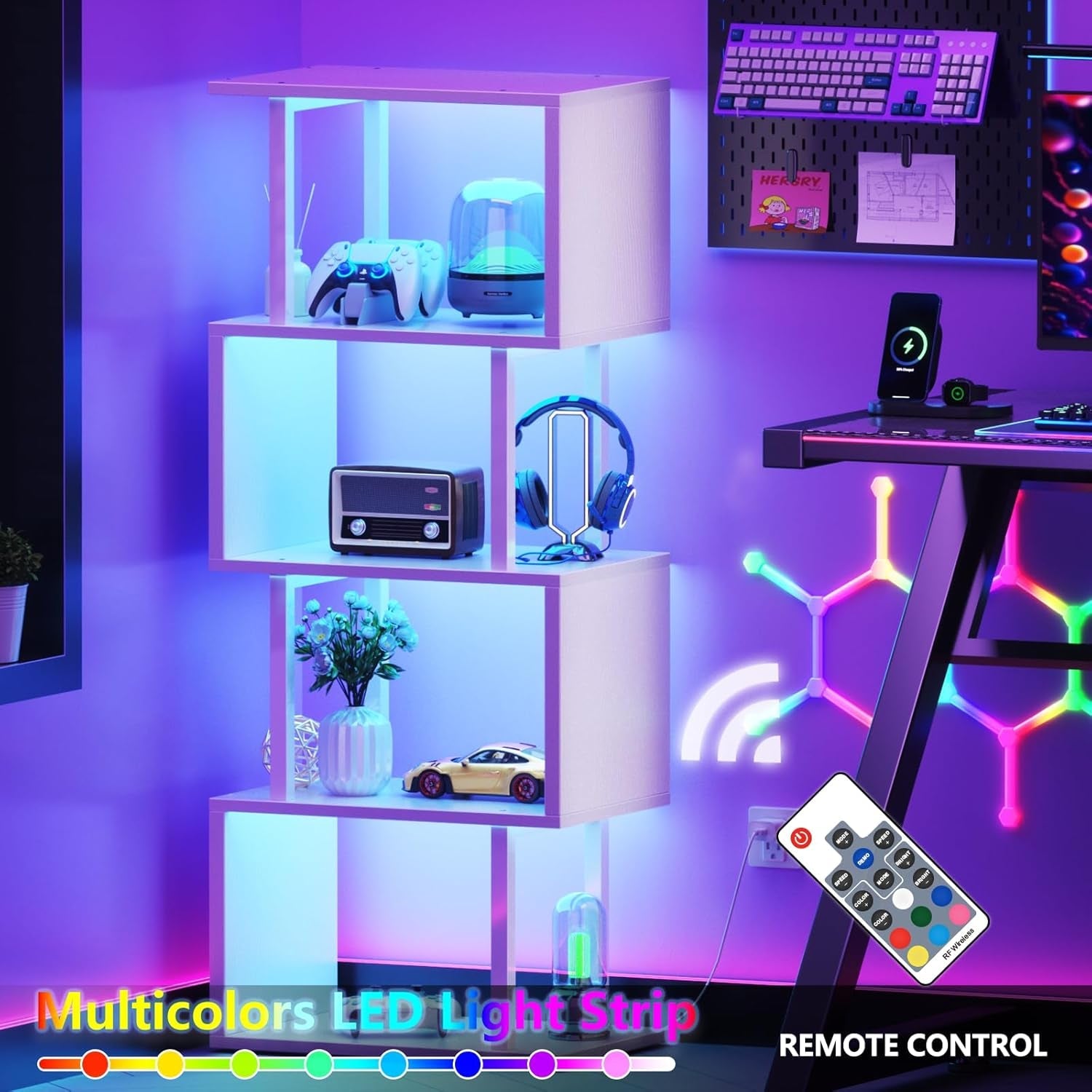 White Geometric Bookshelf With LED Light 5 Tier S Shaped Bookcase