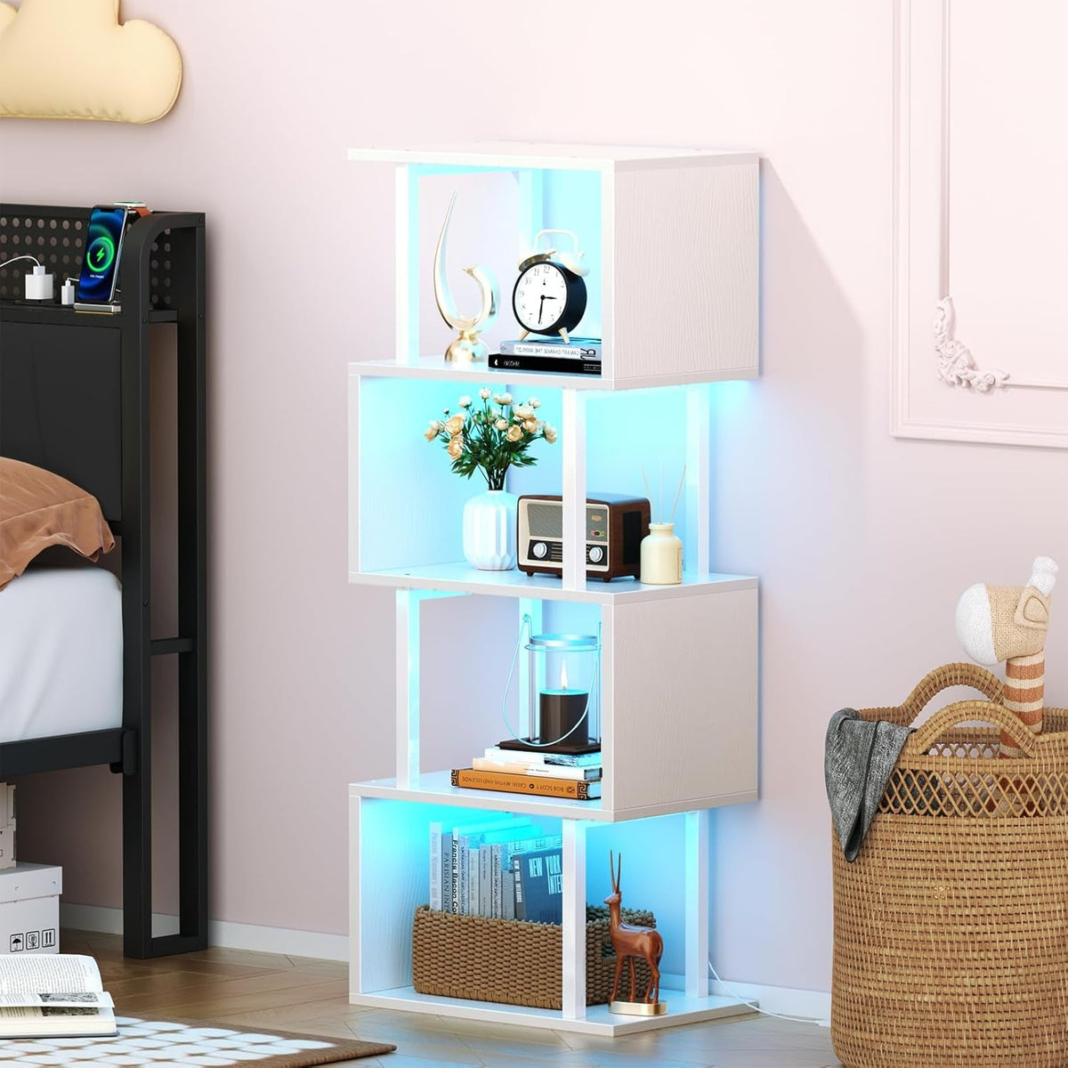 White Geometric Bookshelf With LED Light 5 Tier S Shaped Bookcase