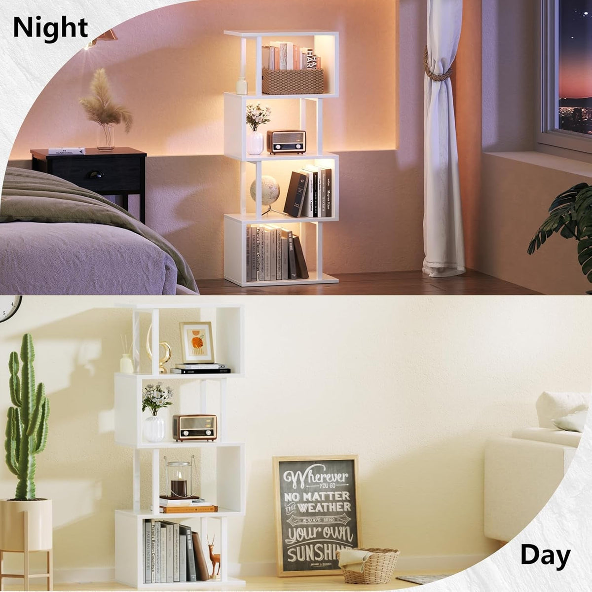 White Geometric Bookshelf With LED Light 5 Tier S Shaped Bookcase