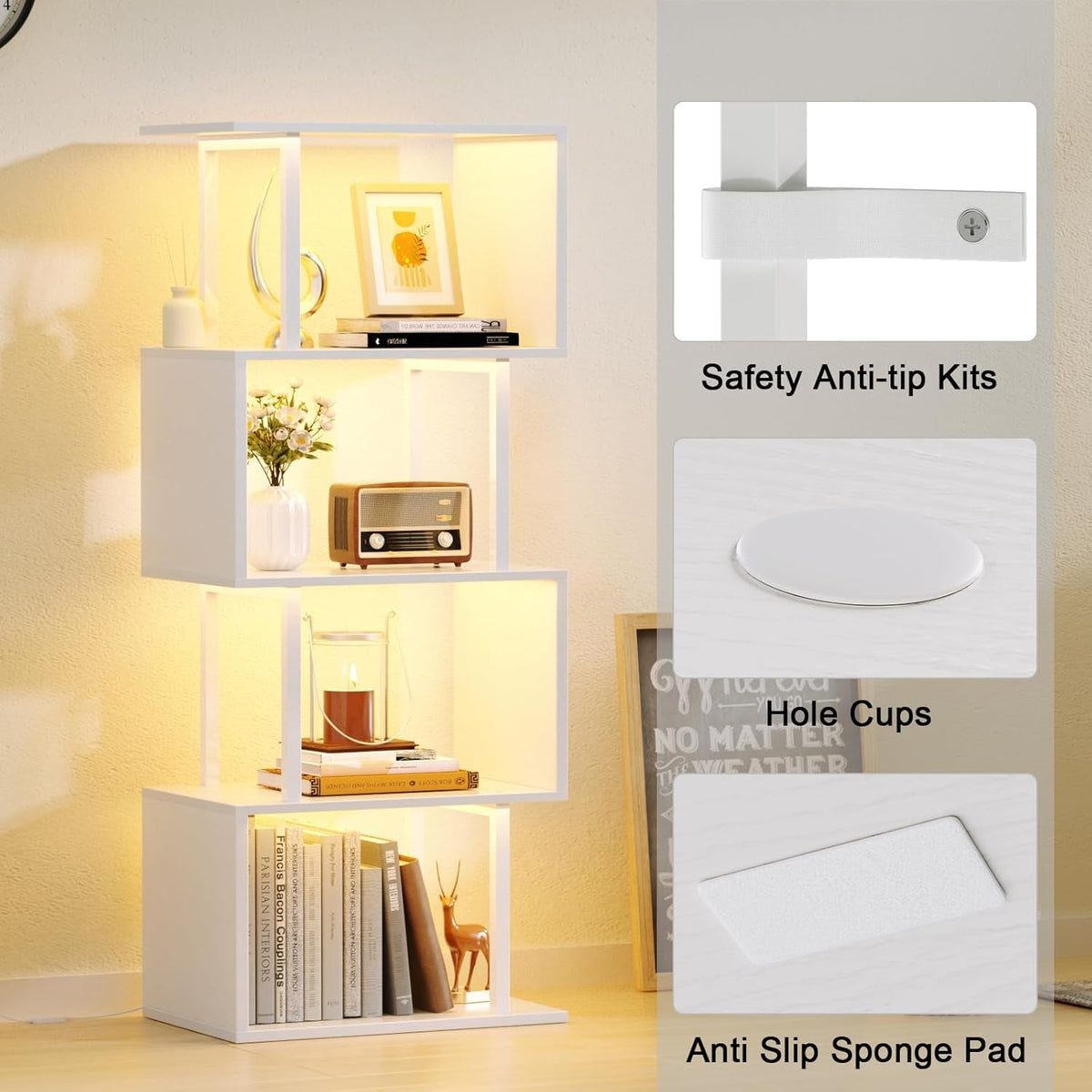 White Geometric Bookshelf With LED Light 5 Tier S Shaped Bookcase