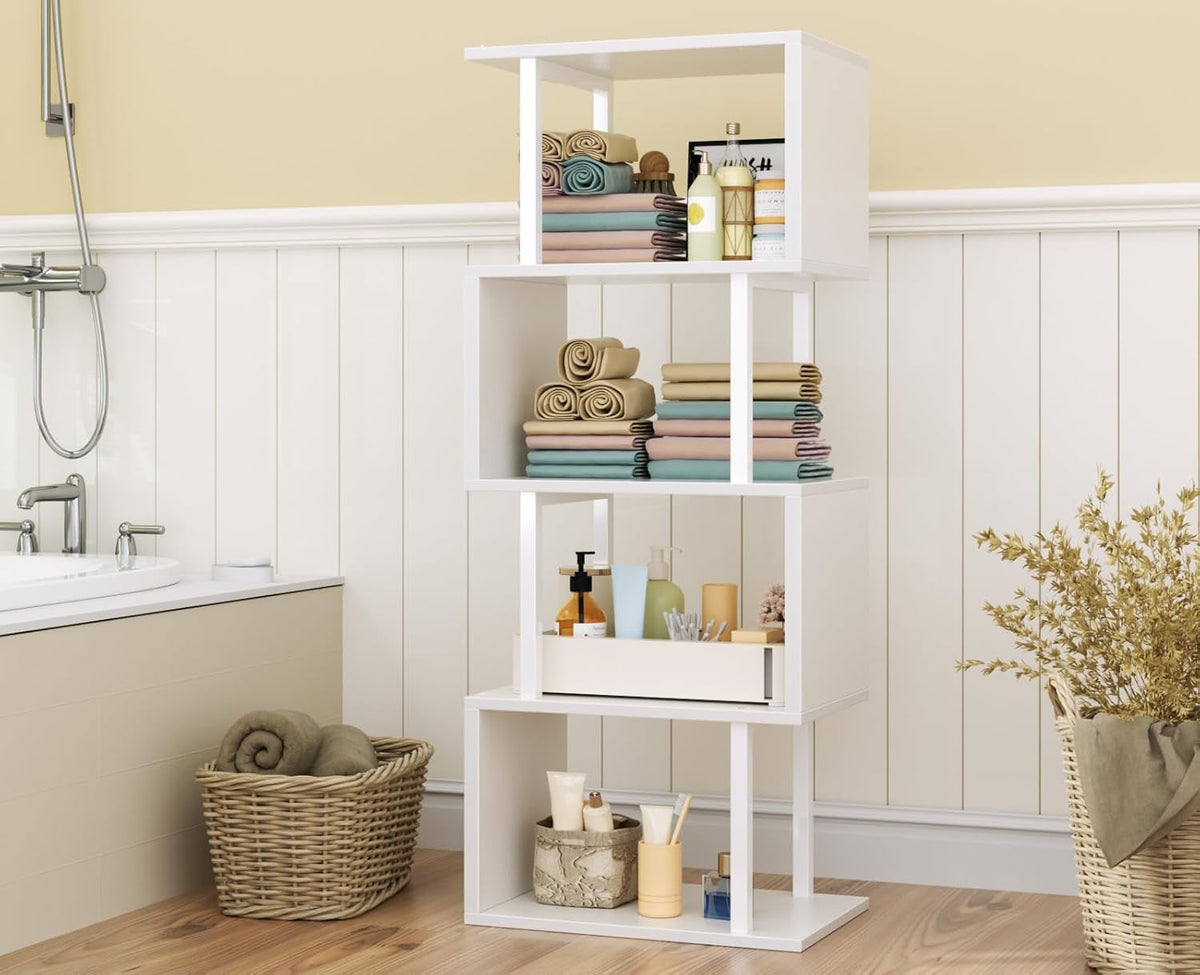 White Geometric Bookshelf With LED Light 5 Tier S Shaped Bookcase