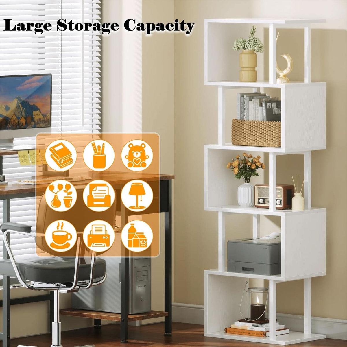 White Geometric S Shaped 6 Tier Bookshelf Freestanding Modern Bookcase