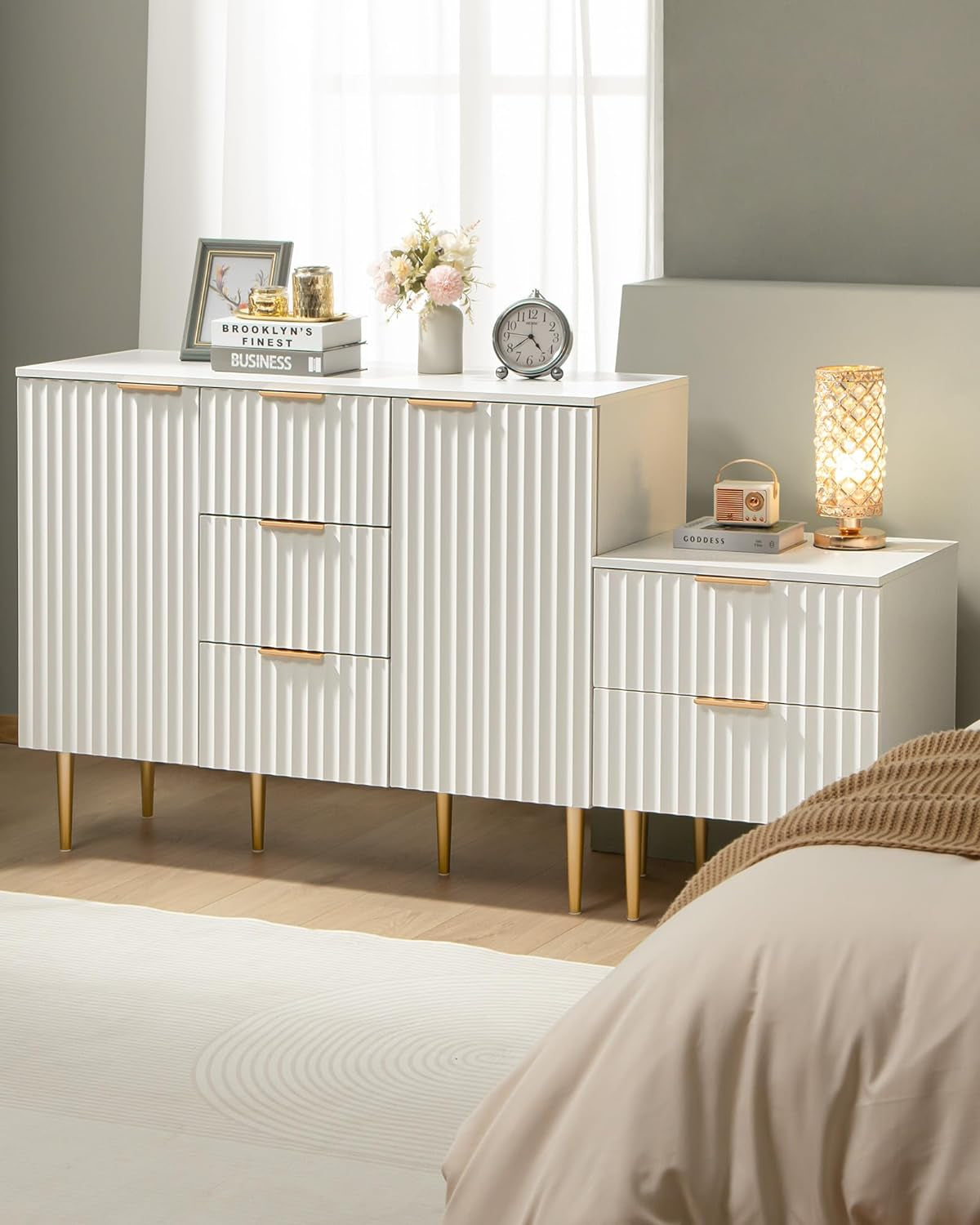 White Glossy Fluted Buffet Cabinet With 3 Drawers And Adjustable Shelves