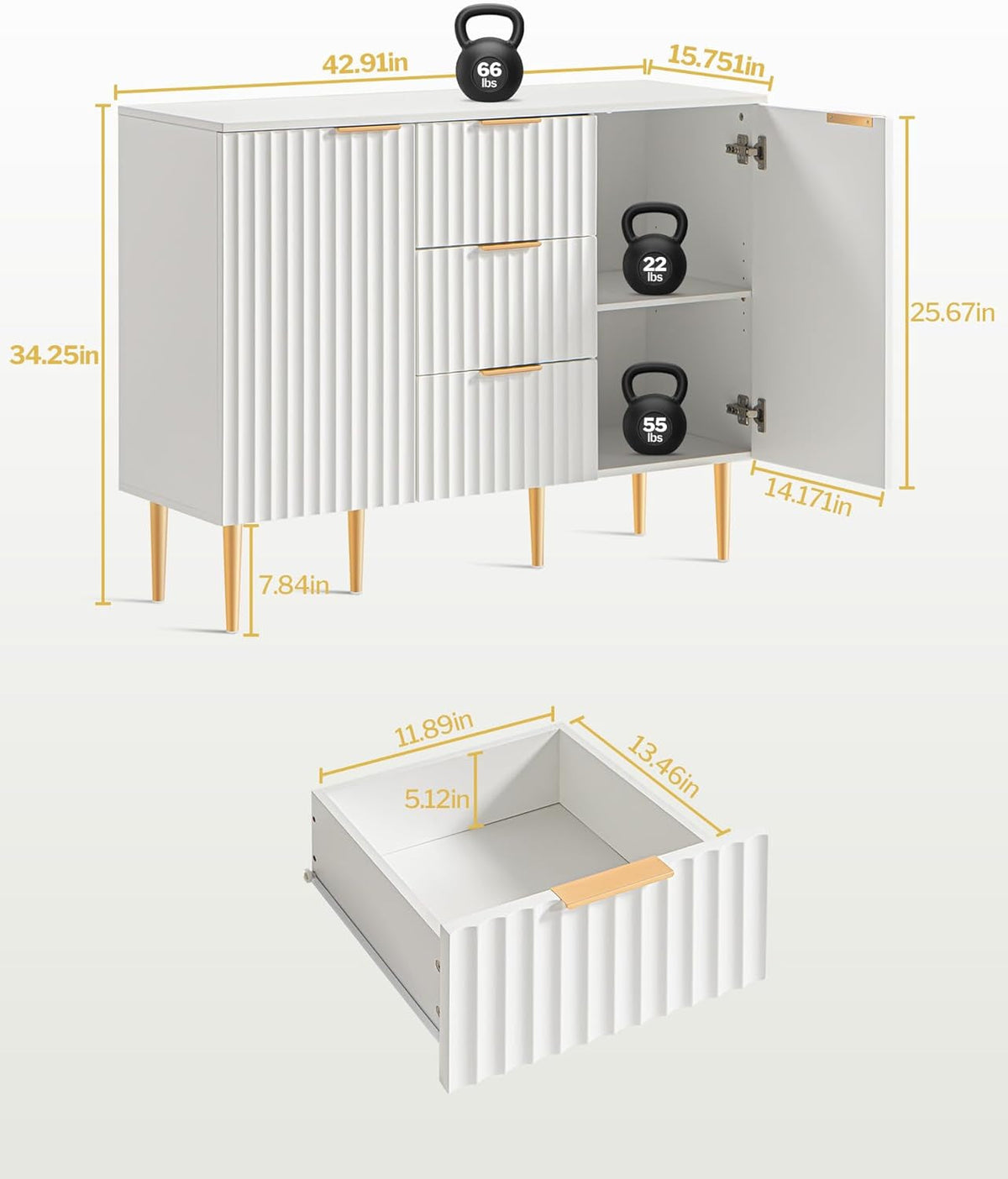 White Glossy Fluted Buffet Cabinet With 3 Drawers And Adjustable Shelves