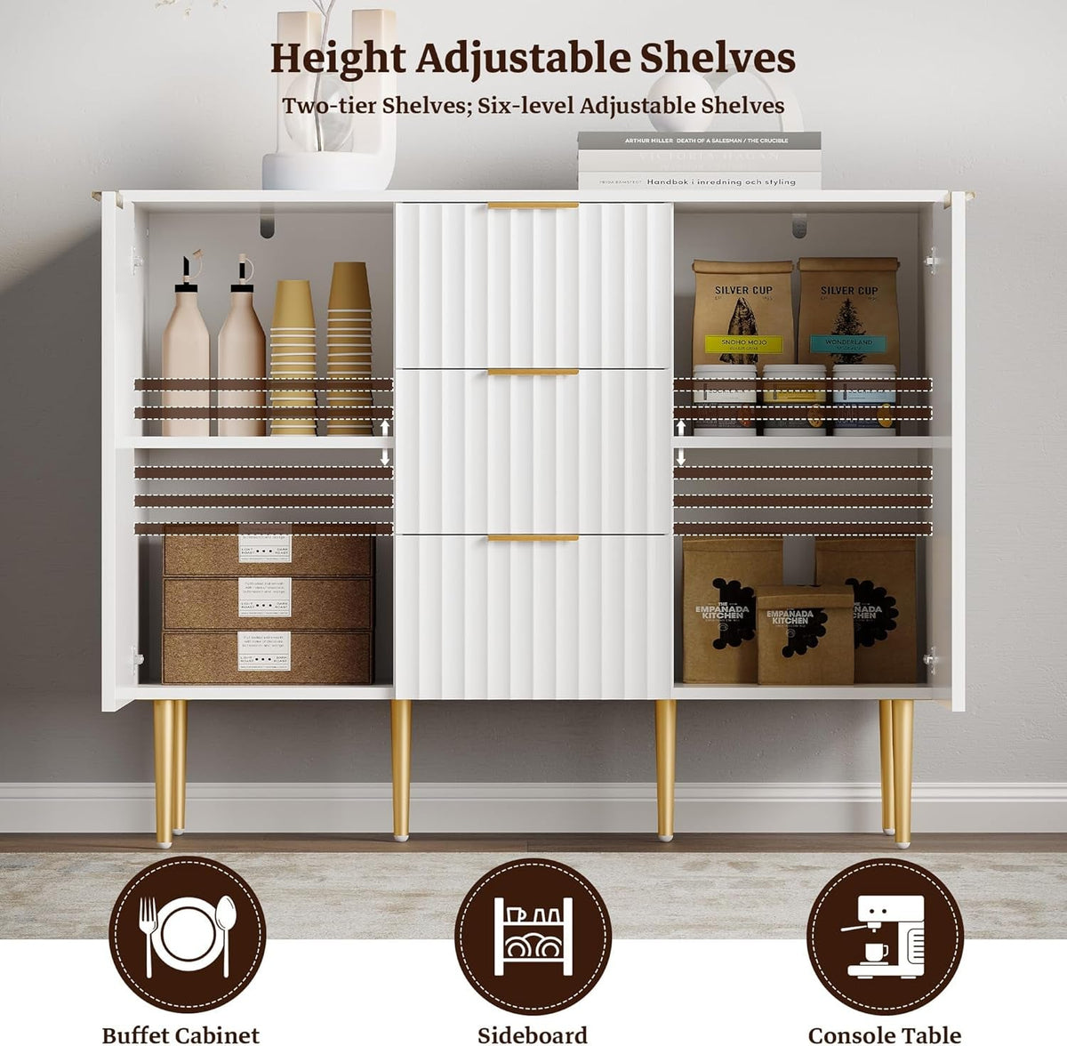 White Glossy Fluted Buffet Cabinet With 3 Drawers And Adjustable Shelves
