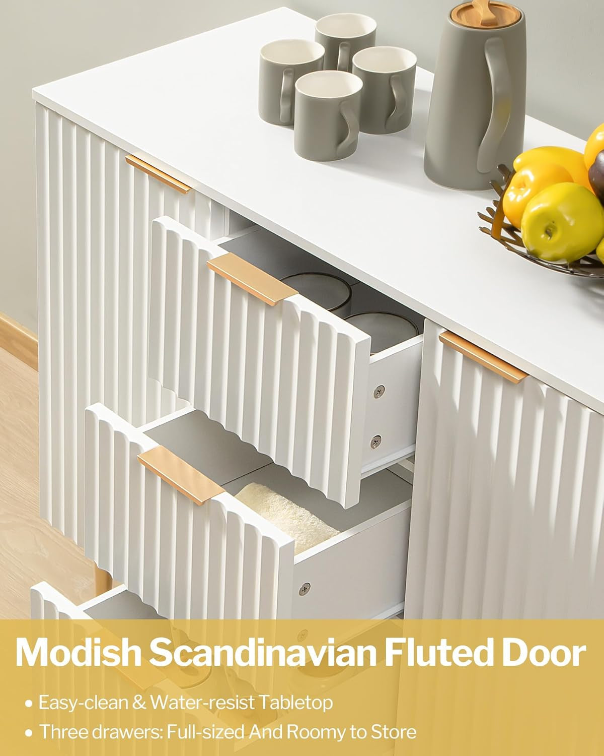 White Glossy Fluted Buffet Cabinet With 3 Drawers And Adjustable Shelves