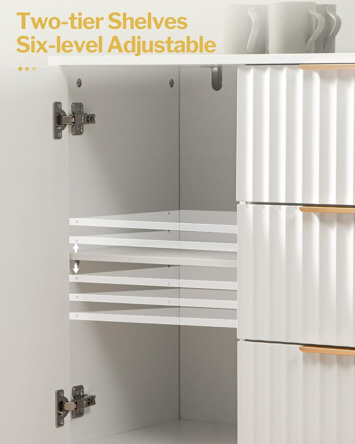 White Glossy Fluted Buffet Cabinet With 3 Drawers And Adjustable Shelves