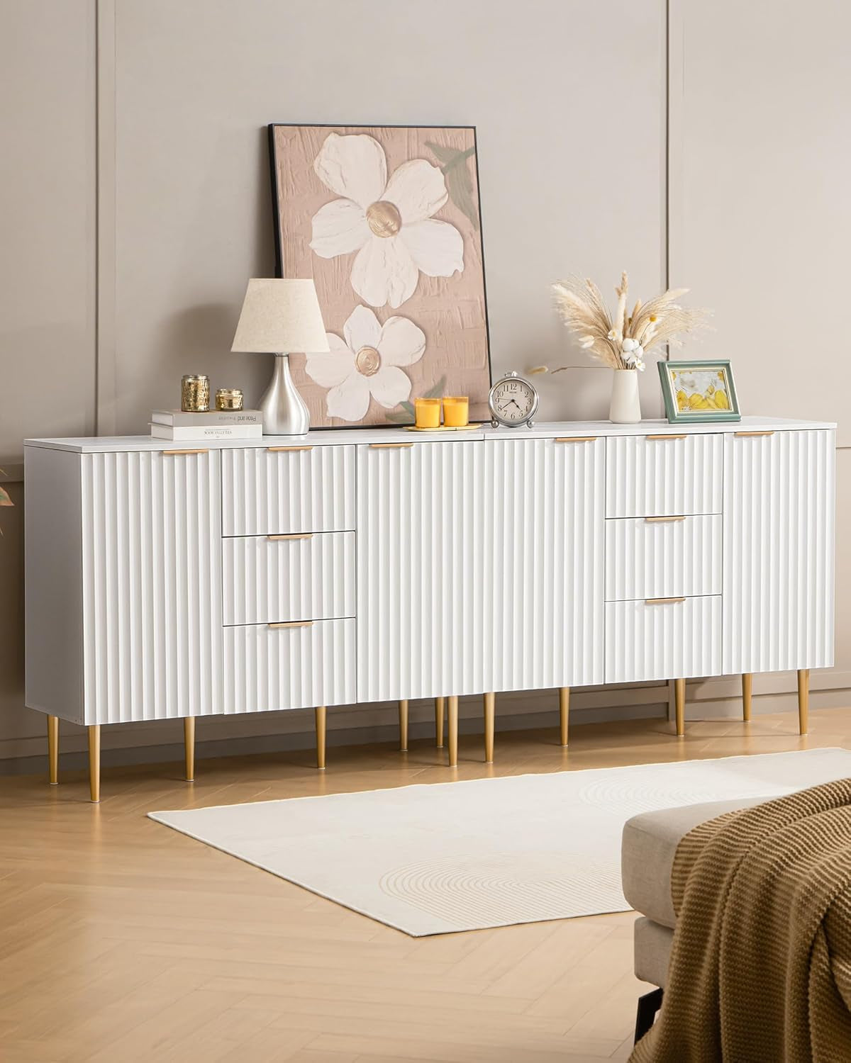 White Glossy Fluted Buffet Cabinet With 3 Drawers And Adjustable Shelves