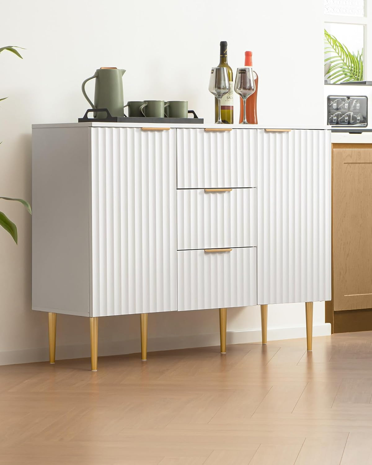 White Glossy Fluted Buffet Cabinet With 3 Drawers And Adjustable Shelves