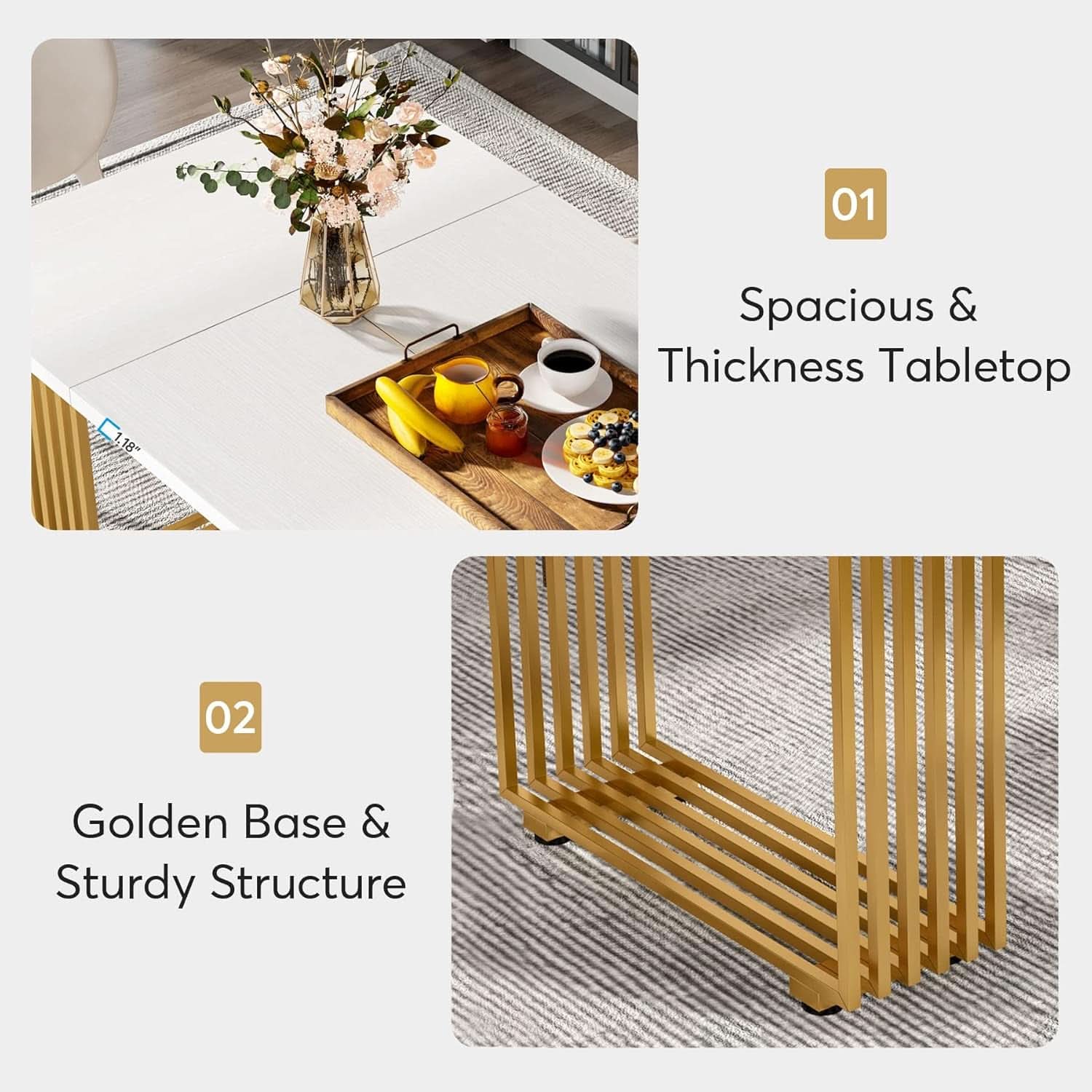 White Gold Wood Dining Table 70 Inch Rectangular For Dining Room
