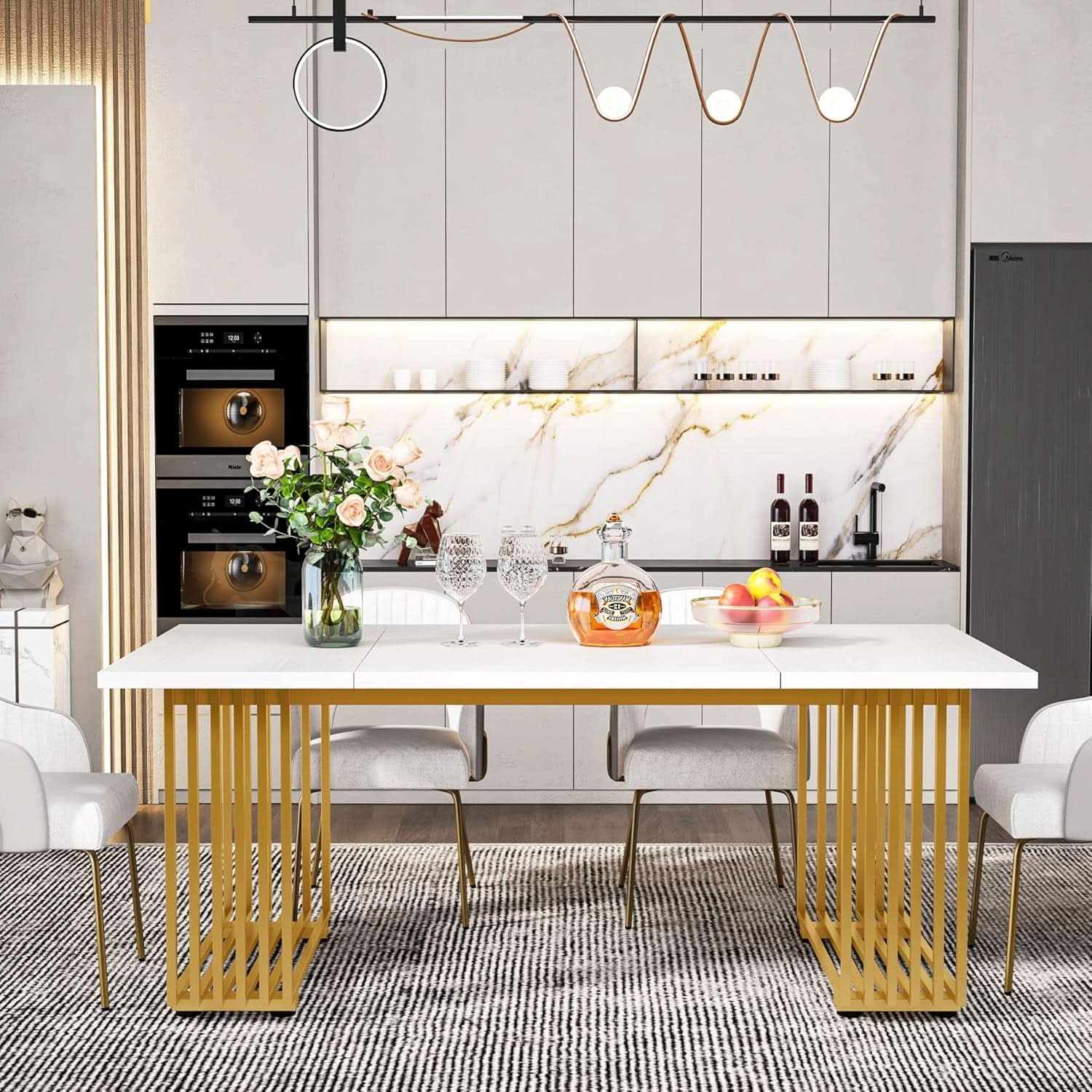 White Gold Wood Dining Table 70 Inch Rectangular For Dining Room