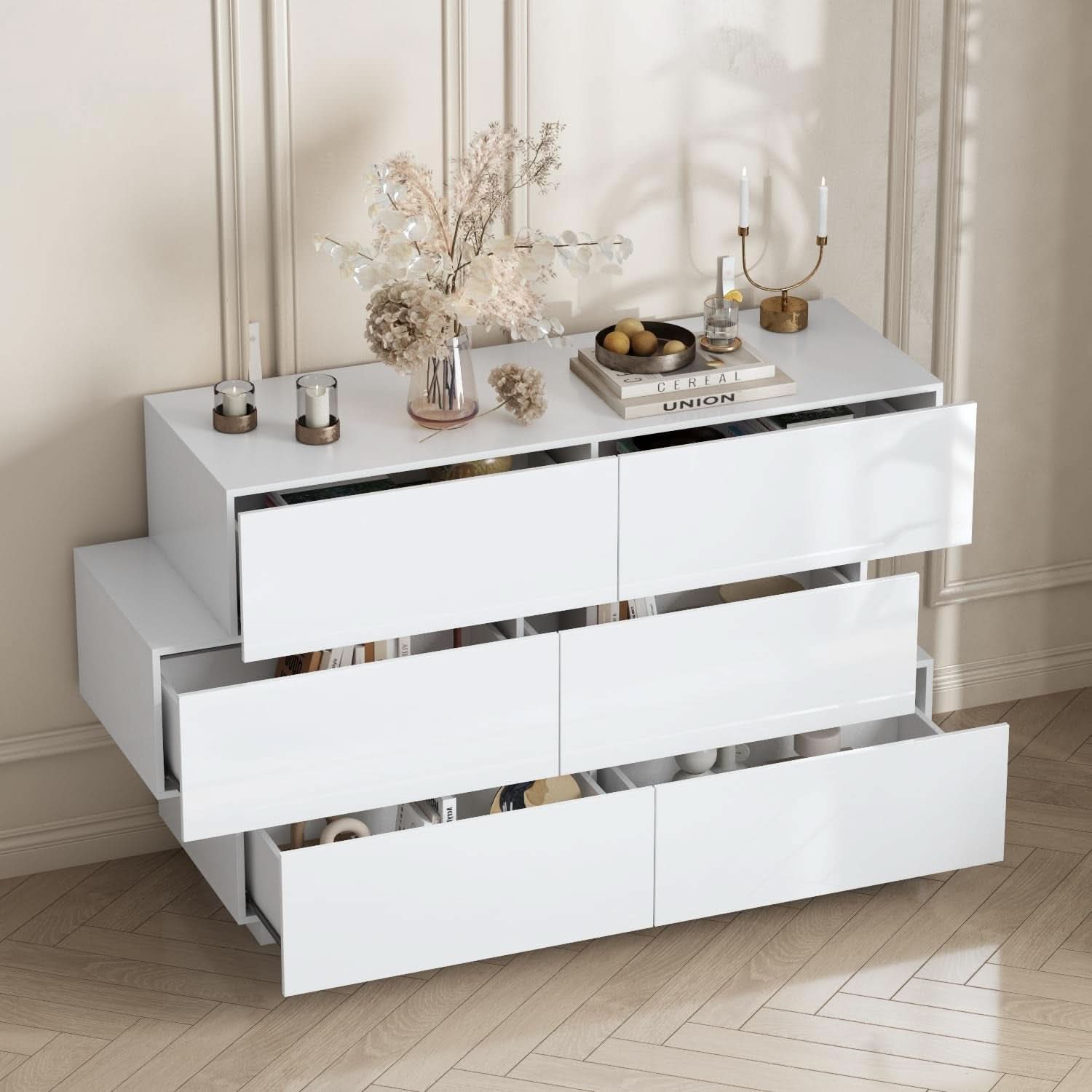 White High Gloss Six Drawer Dresser With Asymmetrical Design