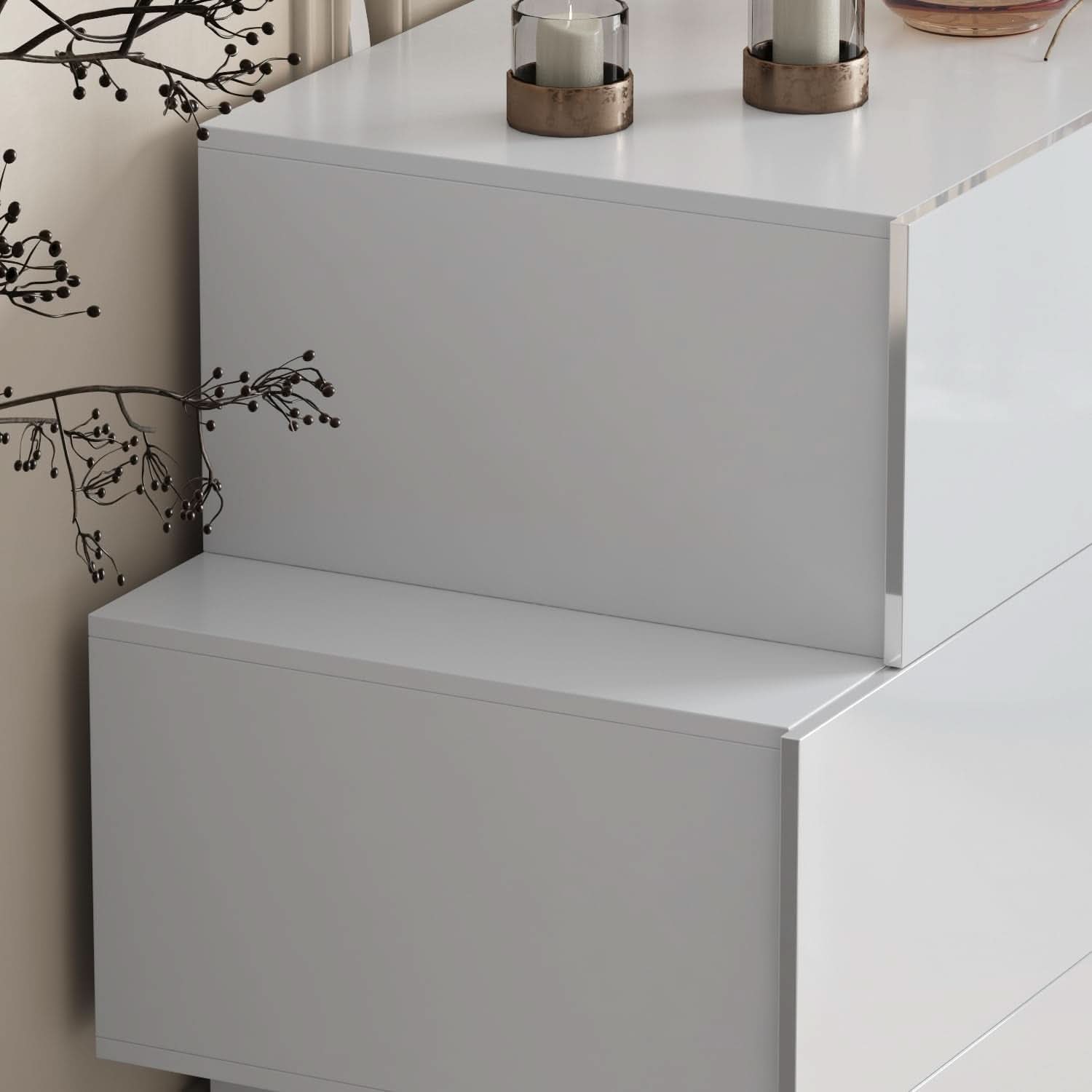 White High Gloss Six Drawer Dresser With Asymmetrical Design