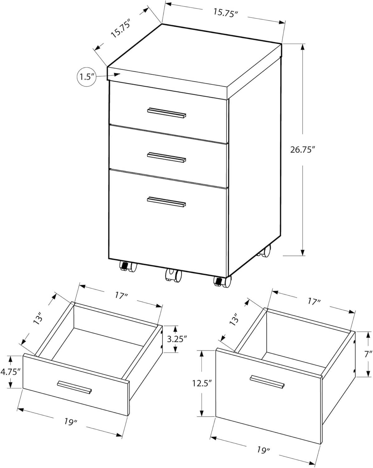 White Hollow Core 3 Drawer File Cabinet On Castors
