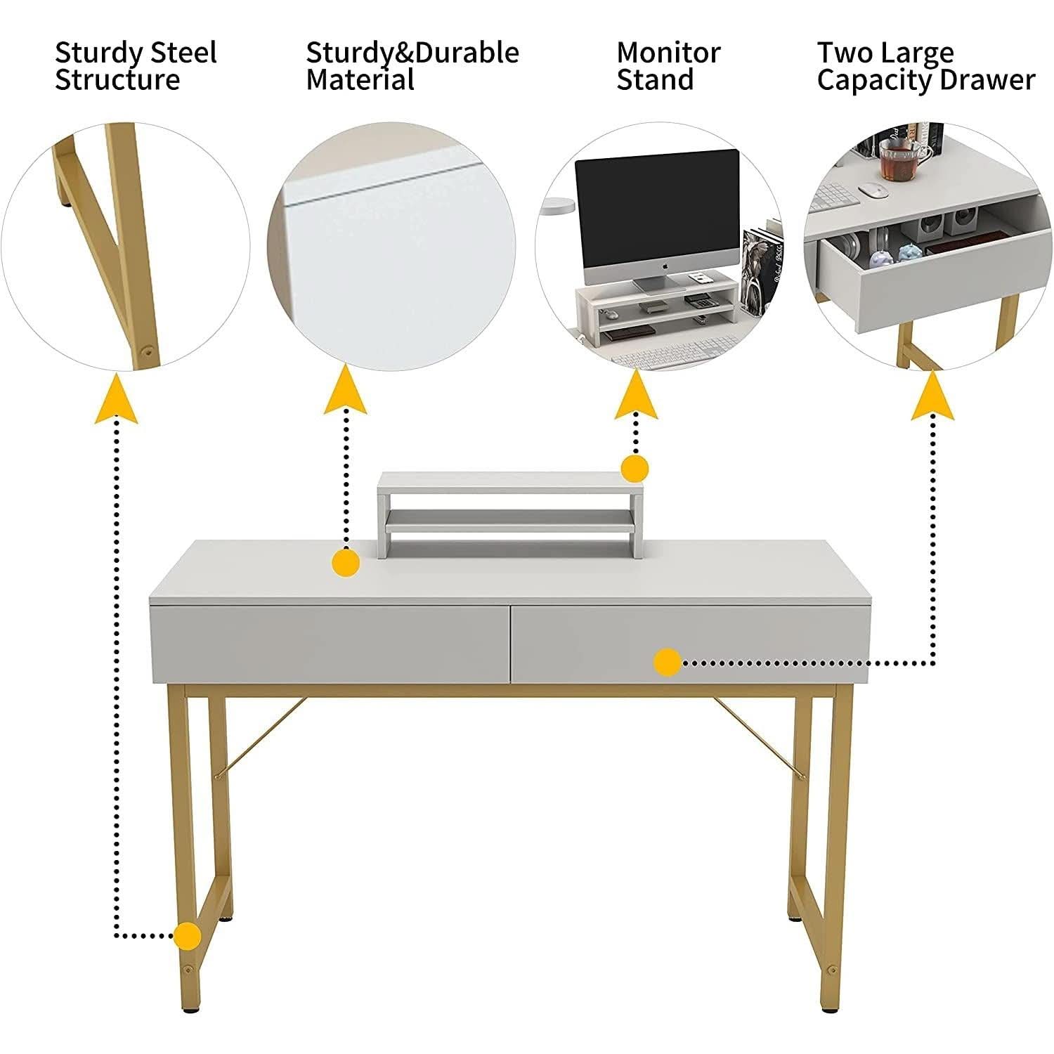 White Home Office Desk With Drawer And Monitor Stand