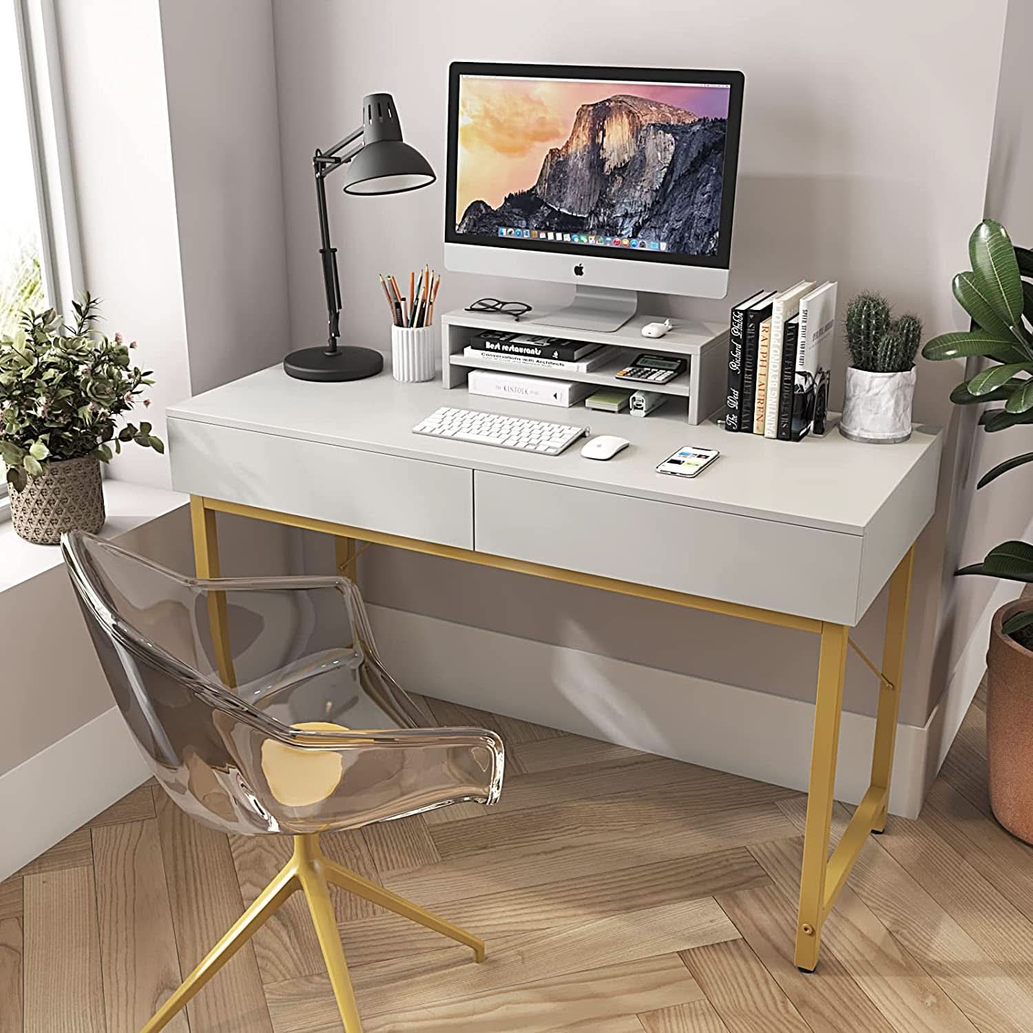 White Home Office Desk With Drawer And Monitor Stand