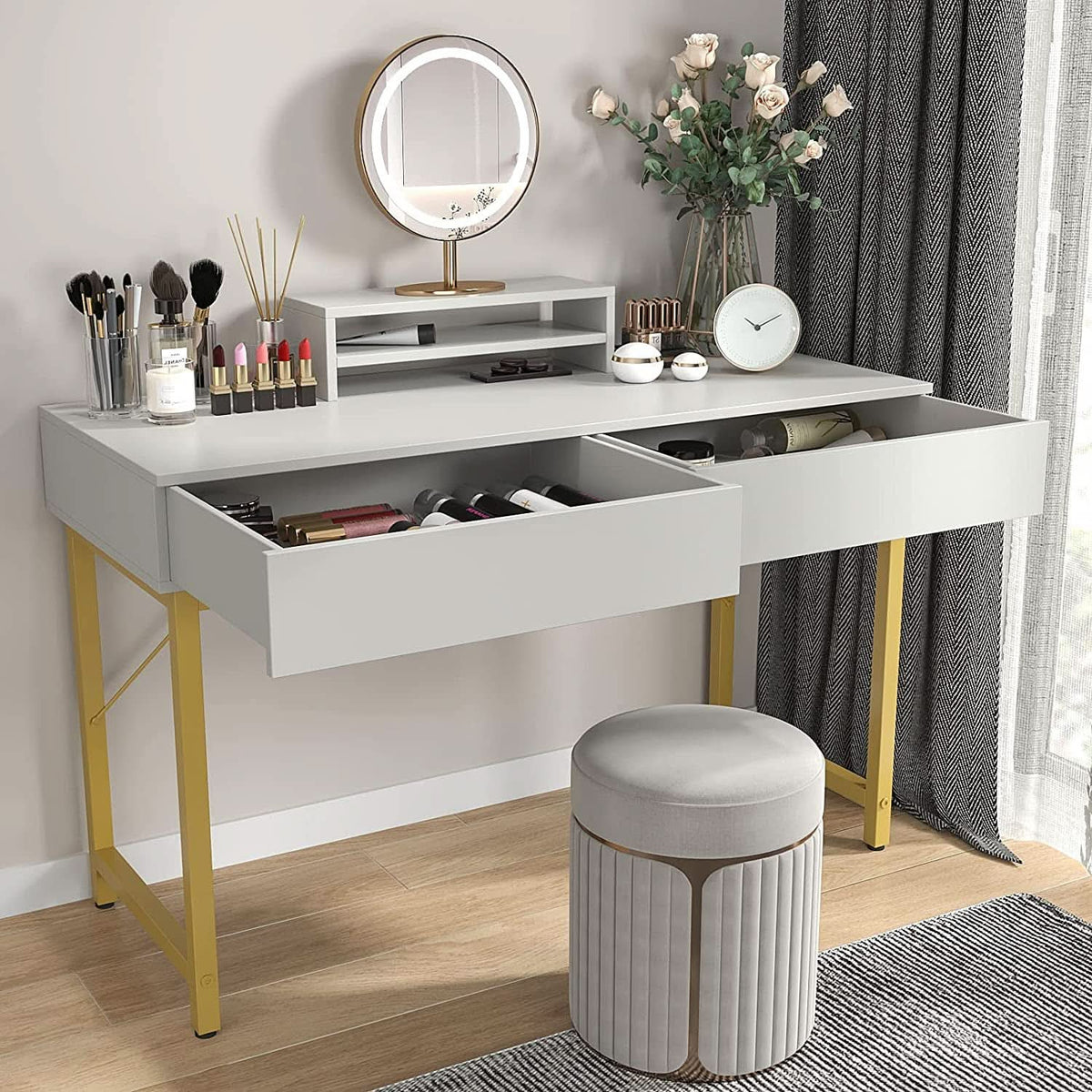White Home Office Desk With Drawer And Monitor Stand