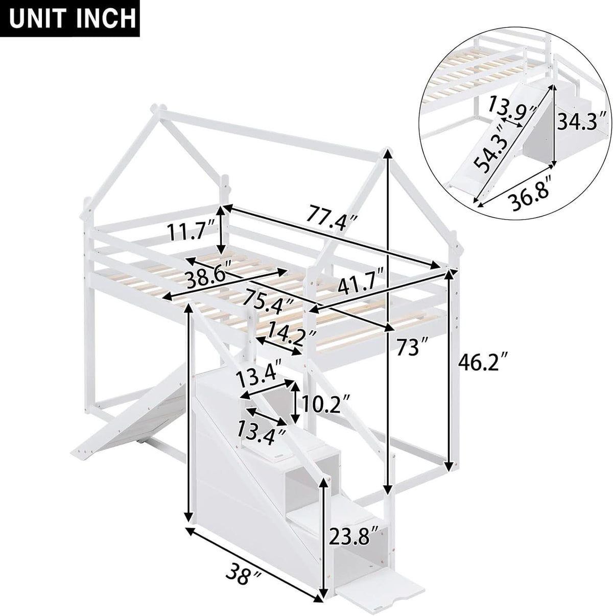White House Twin Over Twin Bunk Bed With Slide And Stairs