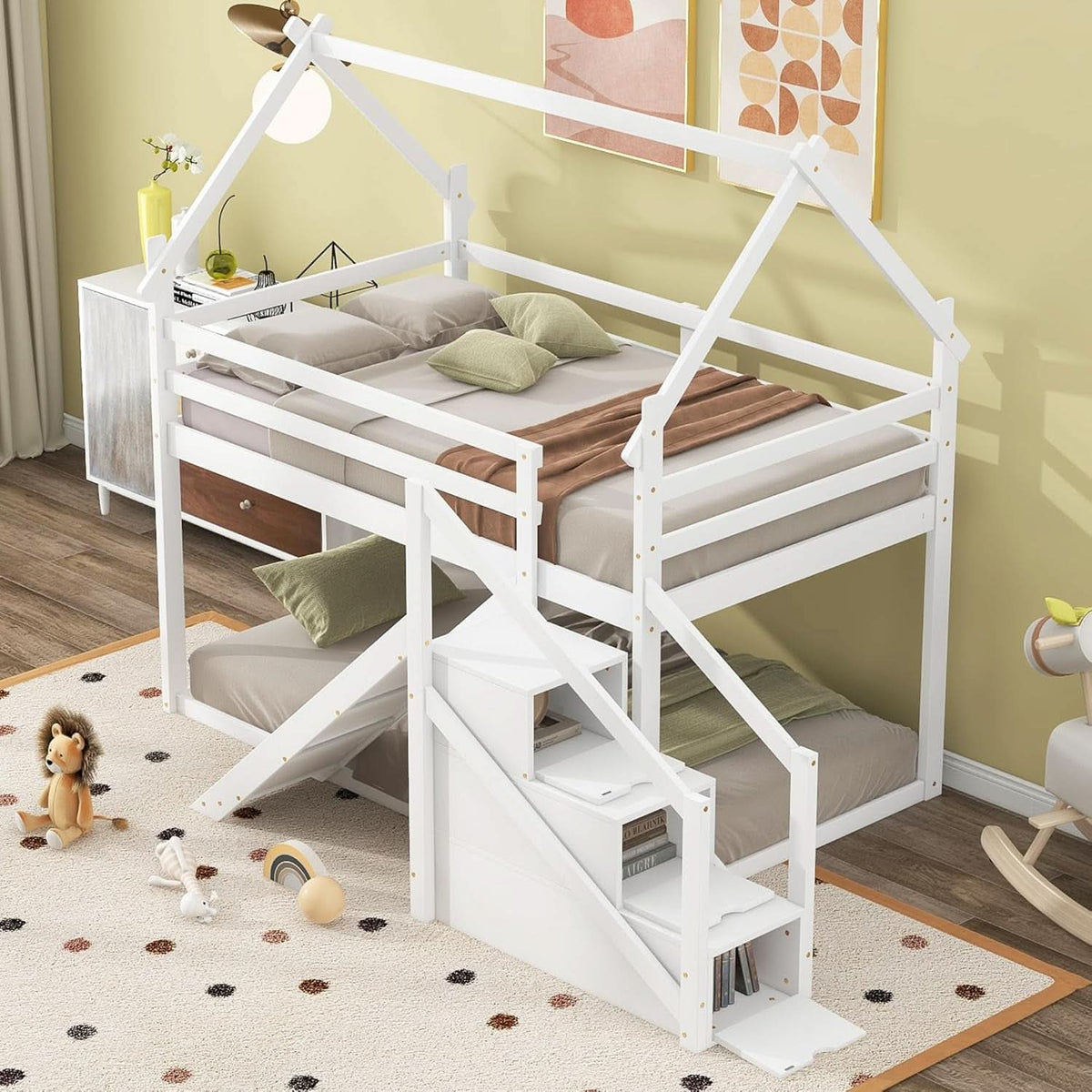 White House Twin Over Twin Bunk Bed With Slide And Stairs