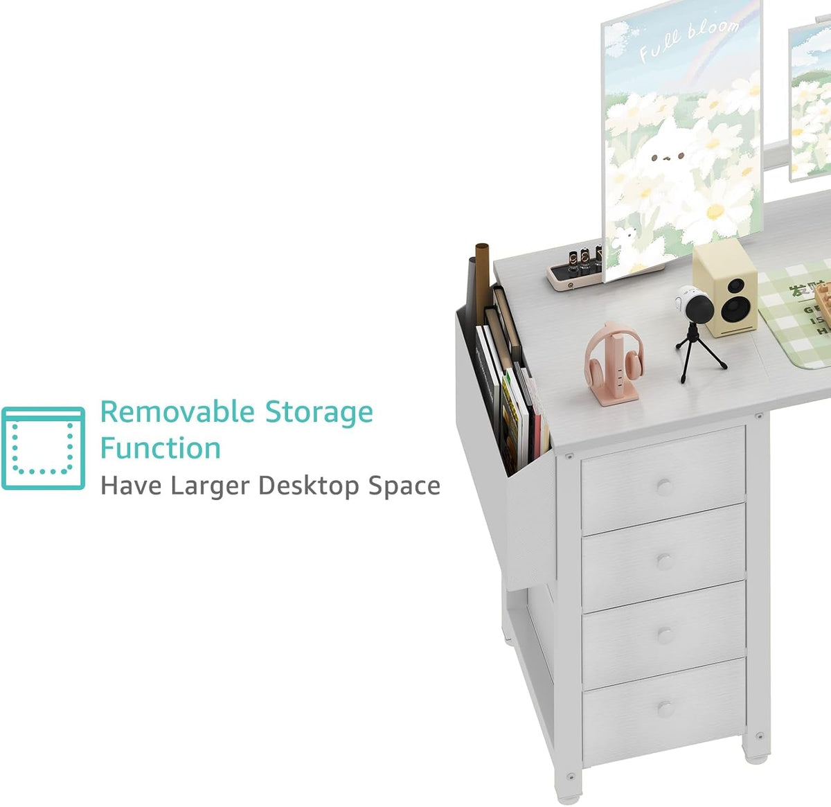 White L Shaped Desk 55 Inch With Power Outlet And Storage