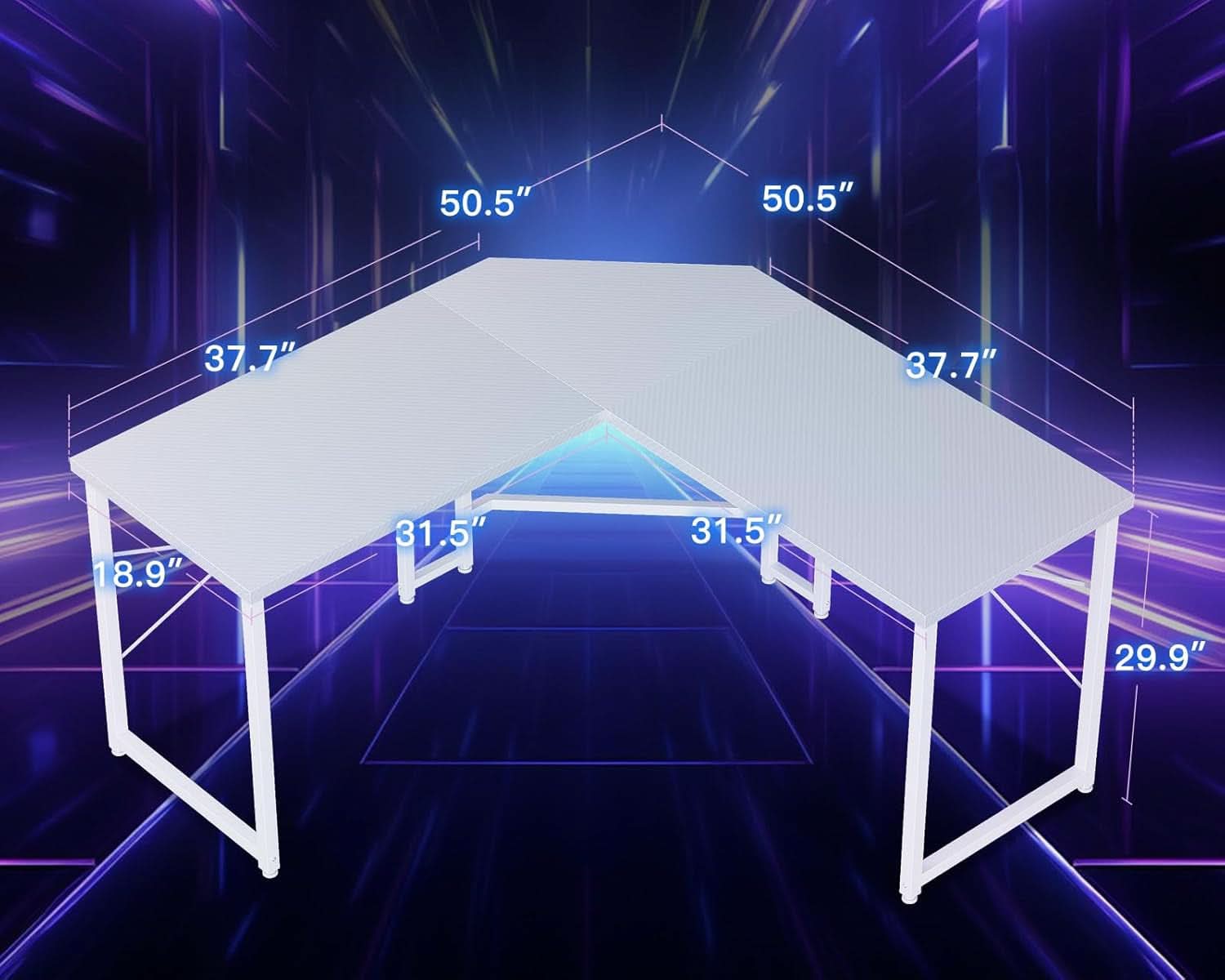 White L Shaped Gaming Desk 51 Inch Carbon Fiber Surface