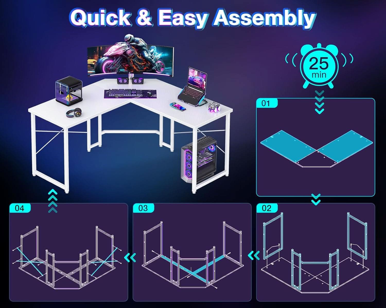 White L Shaped Gaming Desk 51 Inch Carbon Fiber Surface