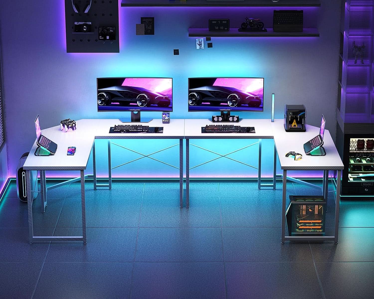 White L Shaped Gaming Desk 51 Inch Carbon Fiber Surface